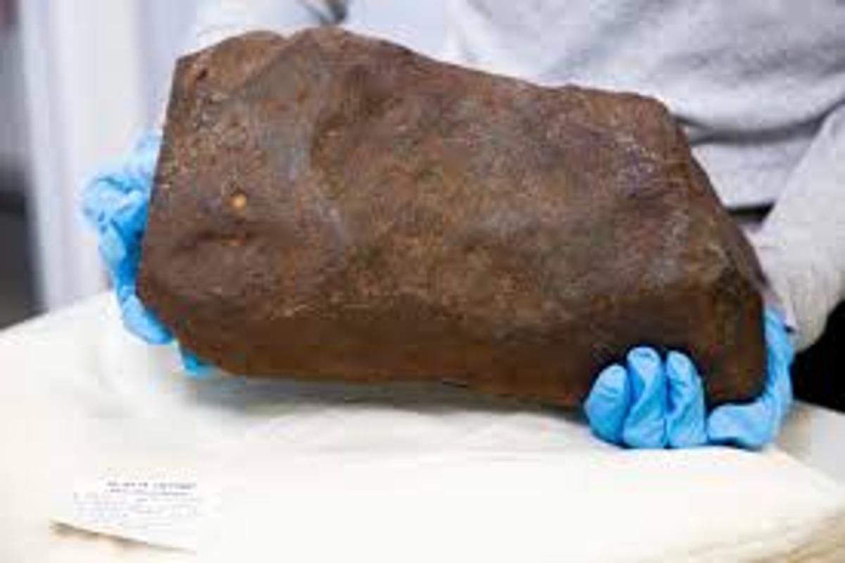 Meteorito de Maryborough segurado por pesquisador com luvas, destacando sua superfície metálica e valor científico