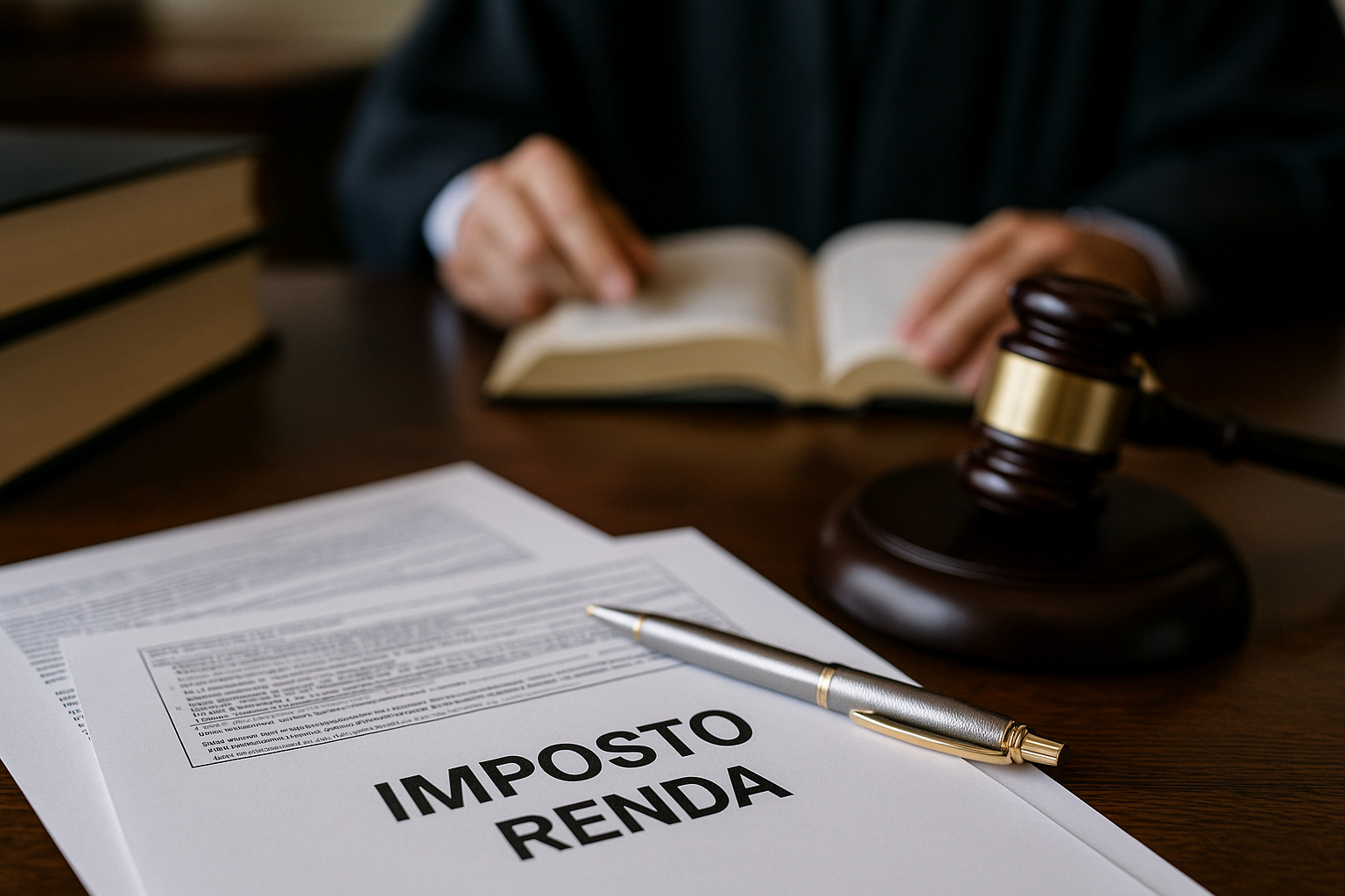 Documento de imposto de renda sobre uma mesa ao lado de um martelo de juiz, representando decisão judicial sobre isenção para aposentados no exterior.