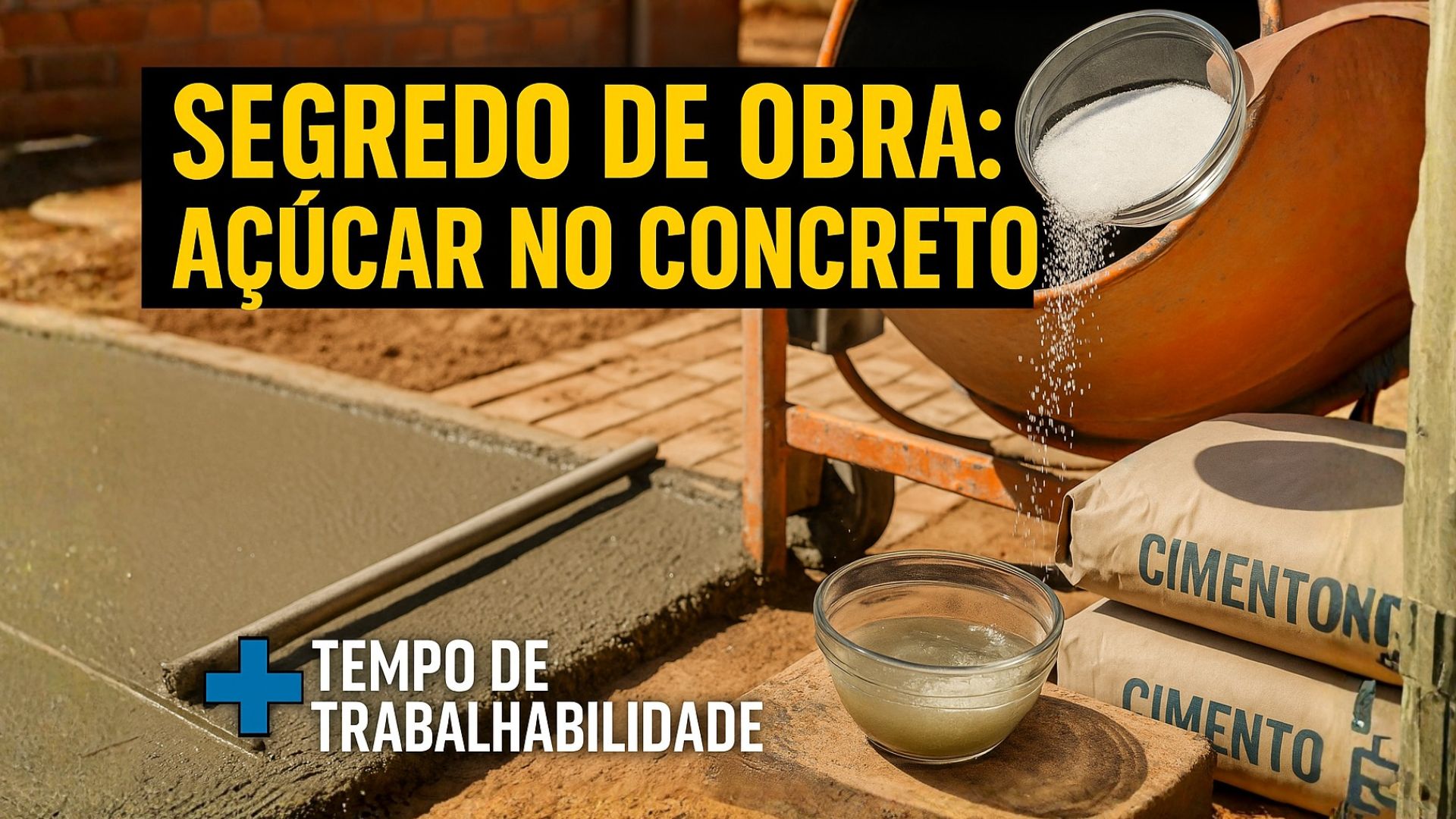 Técnica acessível mistura açúcar ou melaço na água de amassamento para retardar a pega do concreto e garantir acabamento superior em obras residenciais.