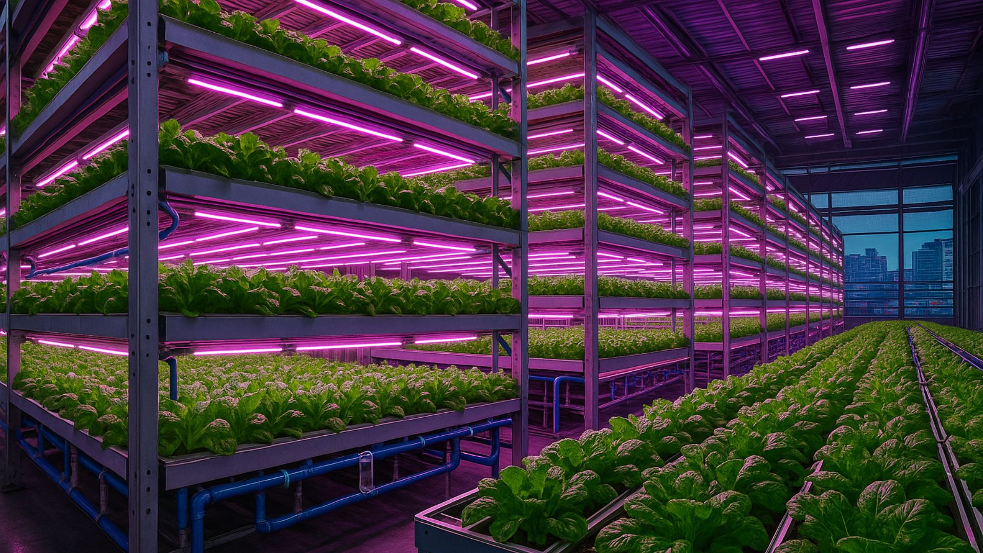 Produção urbana de folhosas em galpão com hidroponia e LED: economia de 95% de água e 75× mais produtividade em São Paulo.