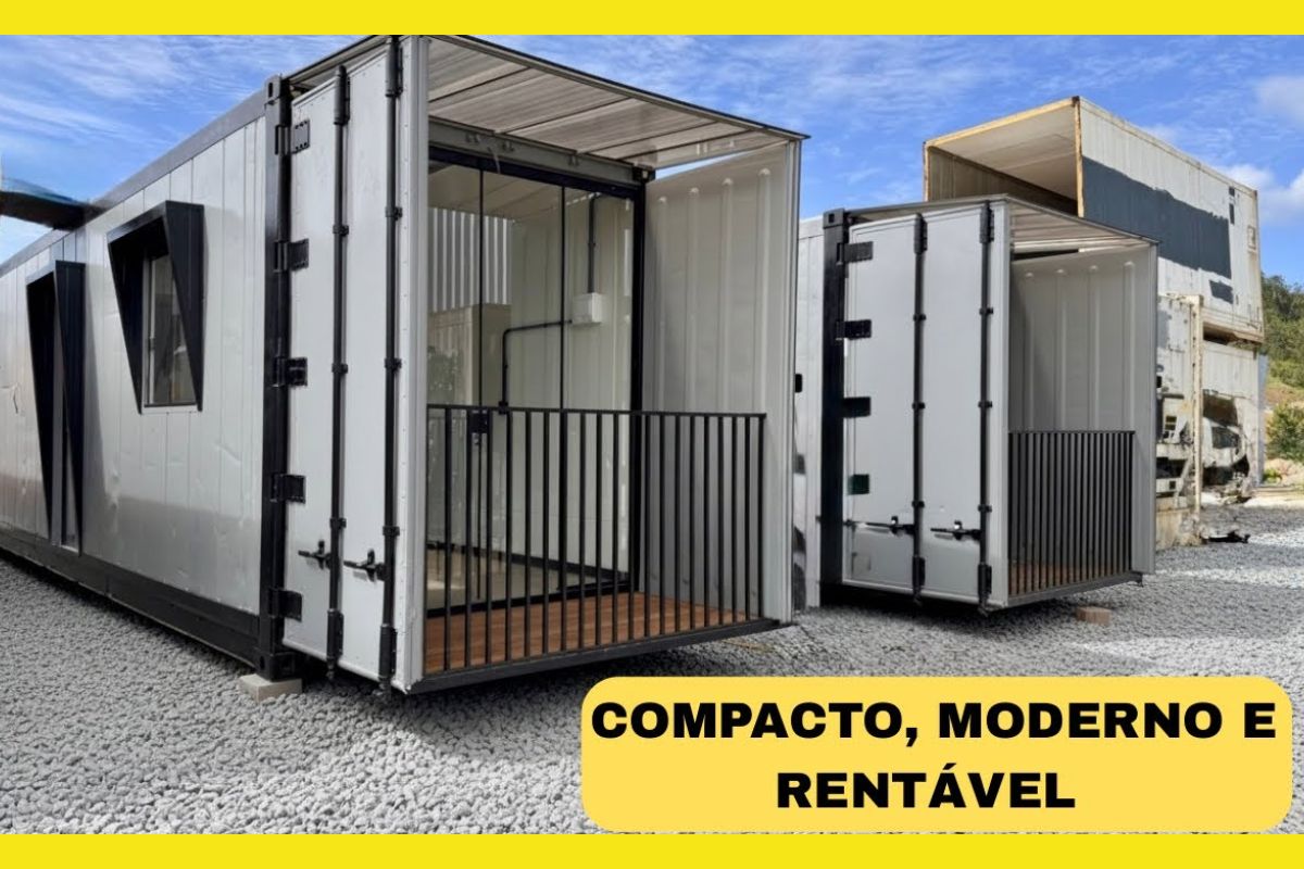 Kitnet container dupla com deck de madeira, piso vinílico, isolamento termoacústico e banheiro completo mostra como um contêiner vira casa confortável.