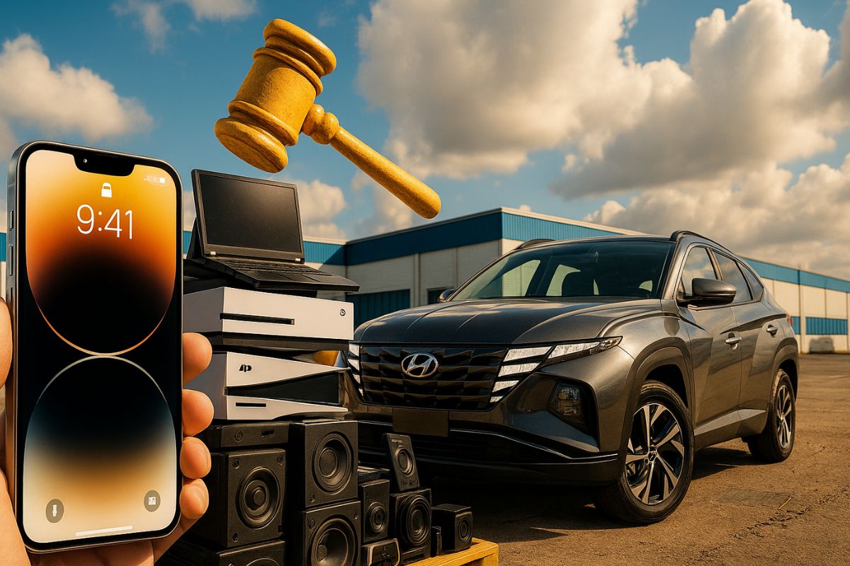 Leilão da Receita no Sistema de Leilão Eletrônico oferta leilão de mercadorias apreendidas com iPhone 14 por R$ 586 e Hyundai Tucson por R$ 6,3 mil.