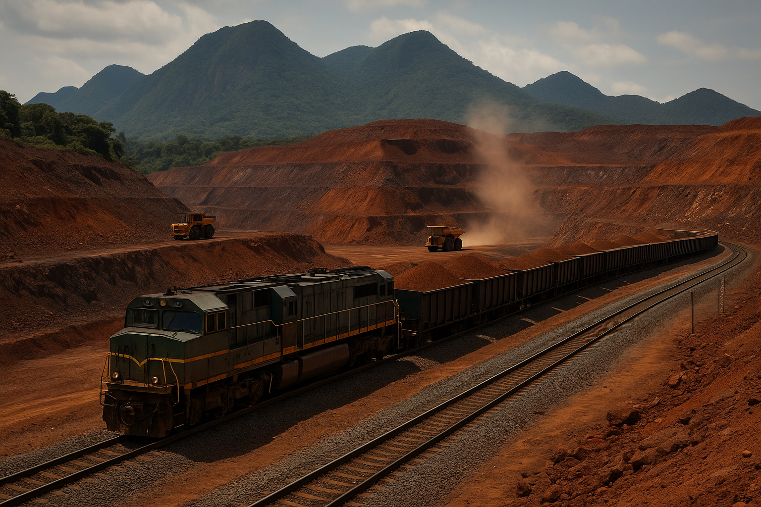 Vista aérea ultra realista da mina de ferro de Simandou, na Guiné, mostrando locomotivas e caminhões transportando minério em meio às montanhas verdes e solo avermelhado.