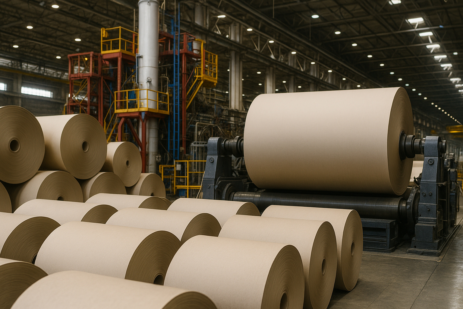 Rolos de celulose recém-processados dentro de uma fábrica moderna, representando a produção industrial afetada pelos preços insustentáveis relatados pela Suzano.