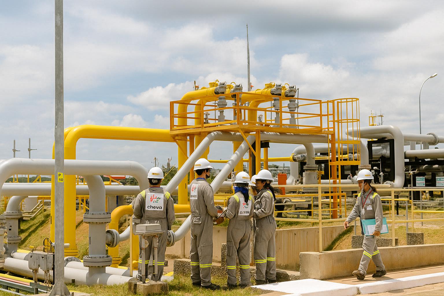 Engenheiros inspecionam tubulações de gás natural em uma usina industrial sob céu parcialmente nublado.