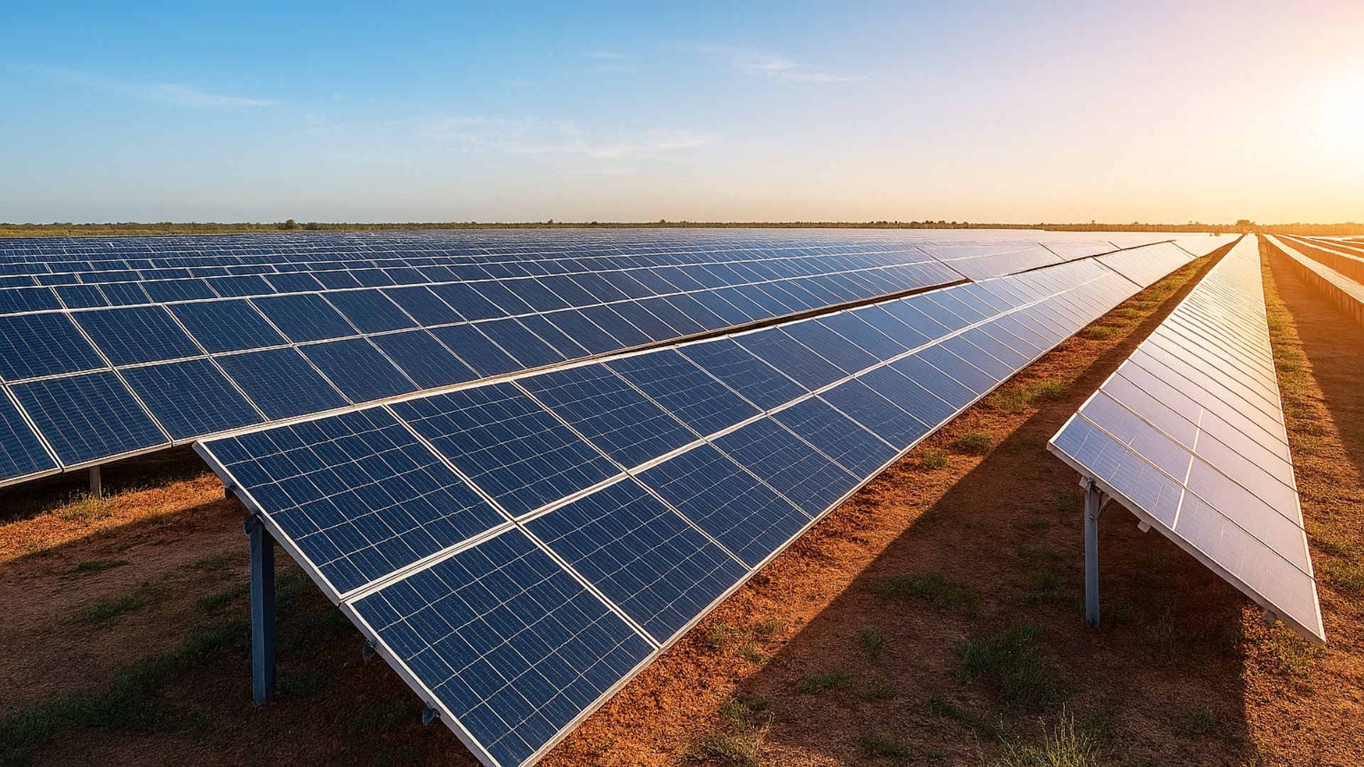 Painéis solares alinhados em campo aberto sob céu azul, captando energia solar em uma usina fotovoltaica moderna.