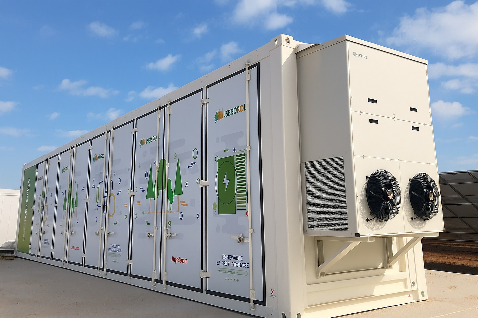 Unidade de armazenamento de energia renovável Iberdrola com céu parcialmente limpo ao fundo.