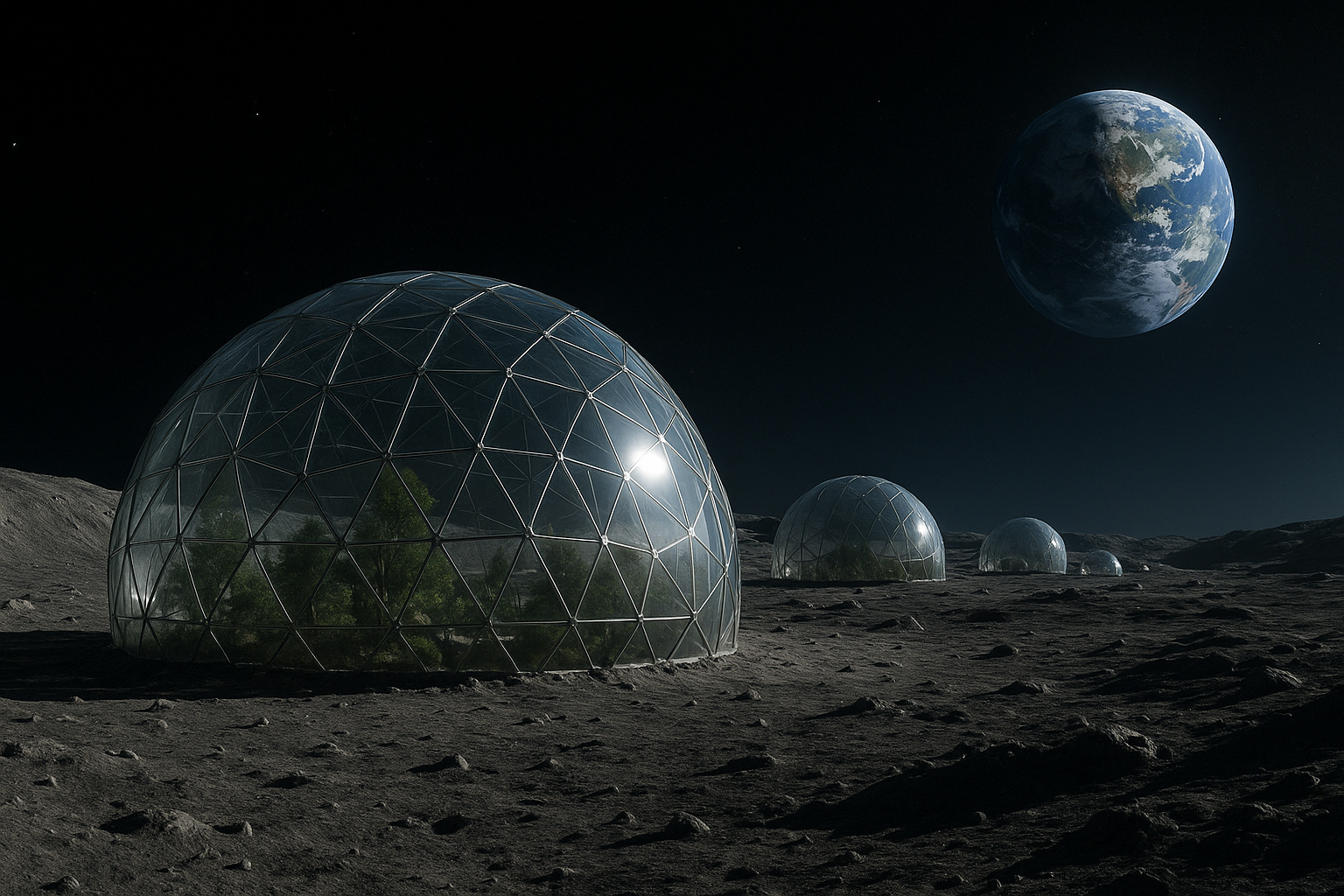 Habitat lunar de vidro com esferas transparentes construídas a partir do regolito, sob a superfície da Lua, com a Terra visível ao fundo.