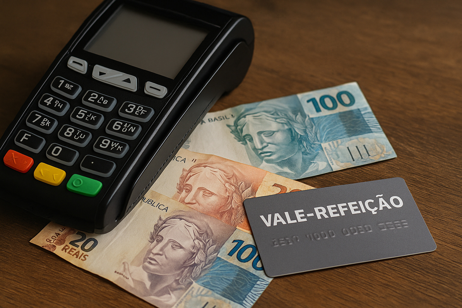 Máquina de cartão ao lado de notas de reais e cartão de vale-refeição representando taxas e repasses do PAT.