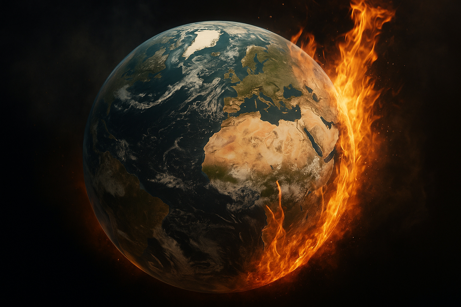 Planeta Terra parcialmente em chamas representando o aquecimento global e o alerta da ONU sobre o aumento da temperatura além de 1,5°C.