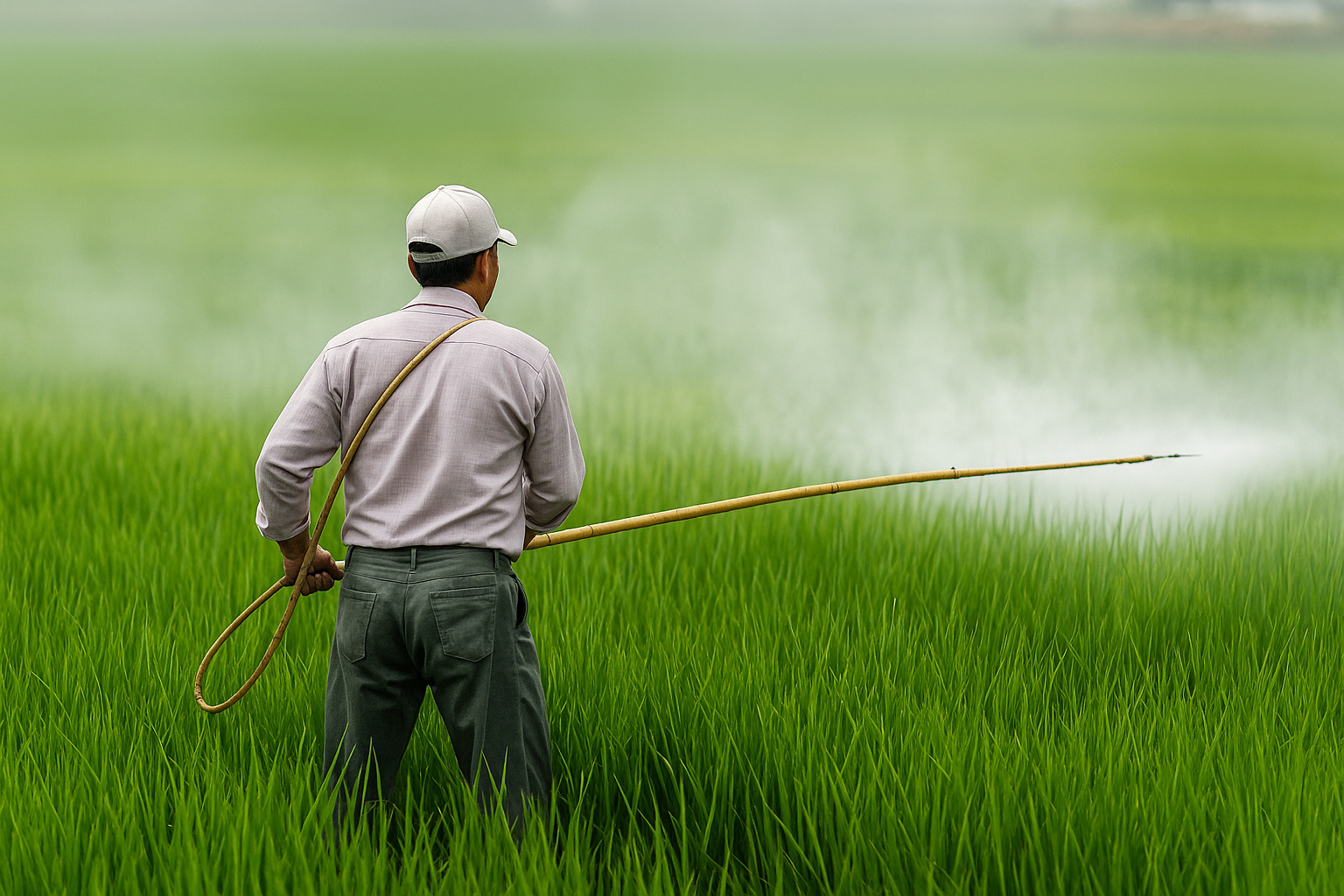 Agricultor aplicando defensivos agrícolas em lavoura verde, representando o uso técnico e controlado de agrotóxicos no campo.