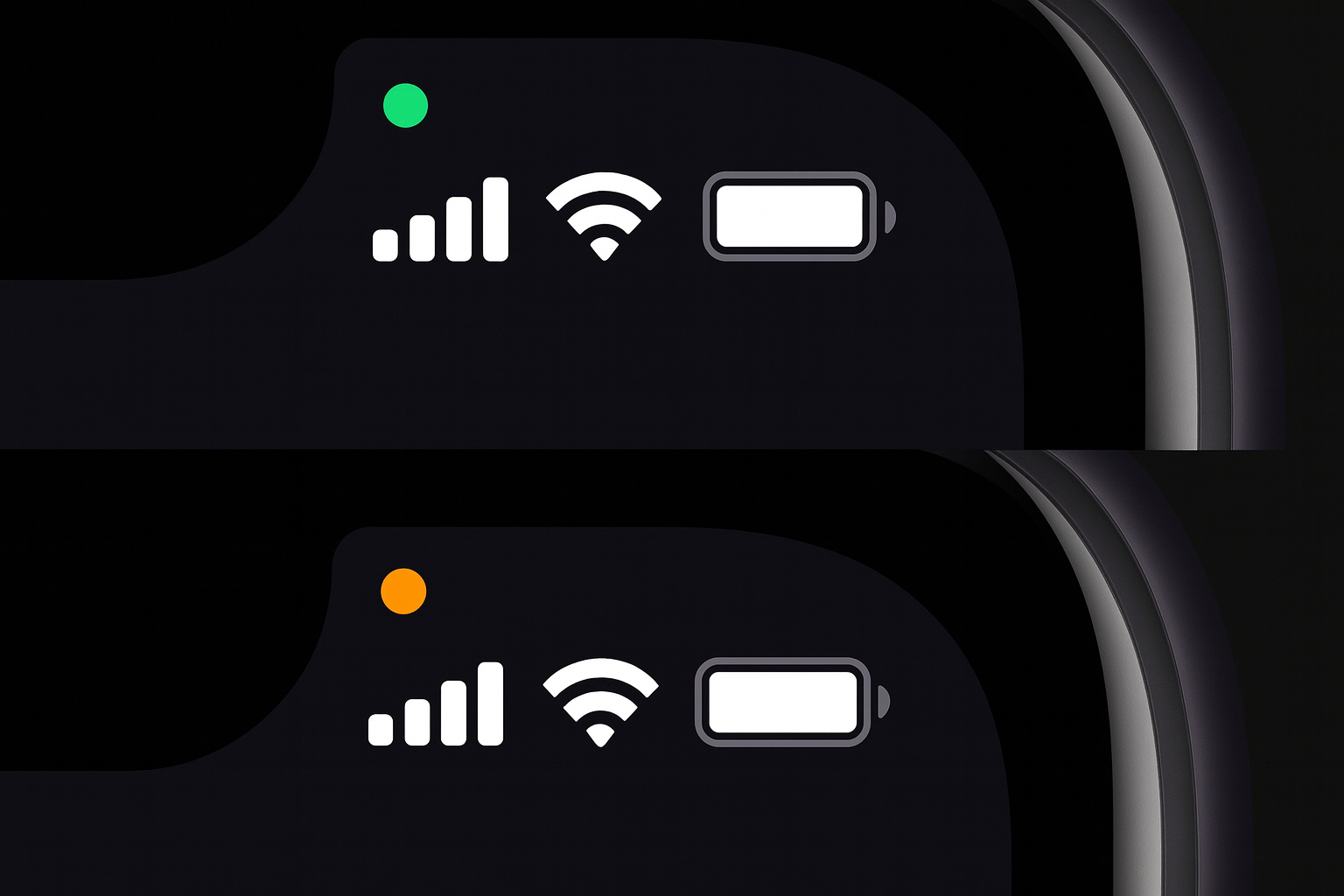 Indicadores verde e laranja no topo da tela do iPhone mostrando o uso da câmera e do microfone.