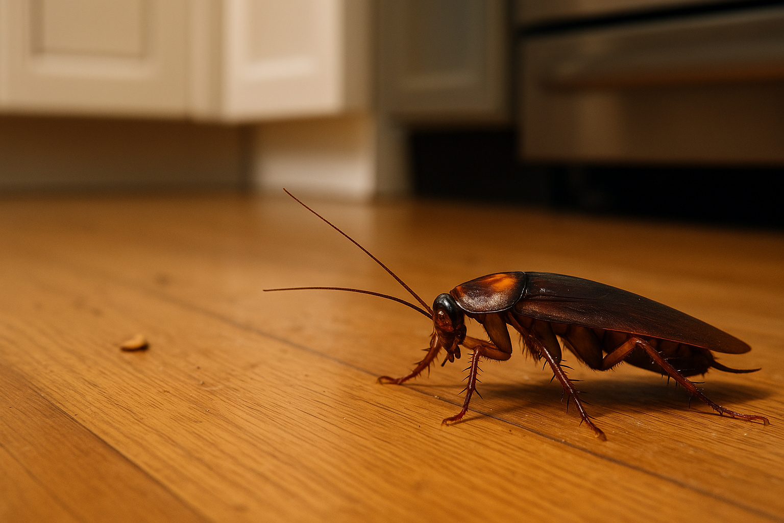 Barata caminhando em piso de cozinha, representando risco biológico e sinais de desequilíbrio doméstico