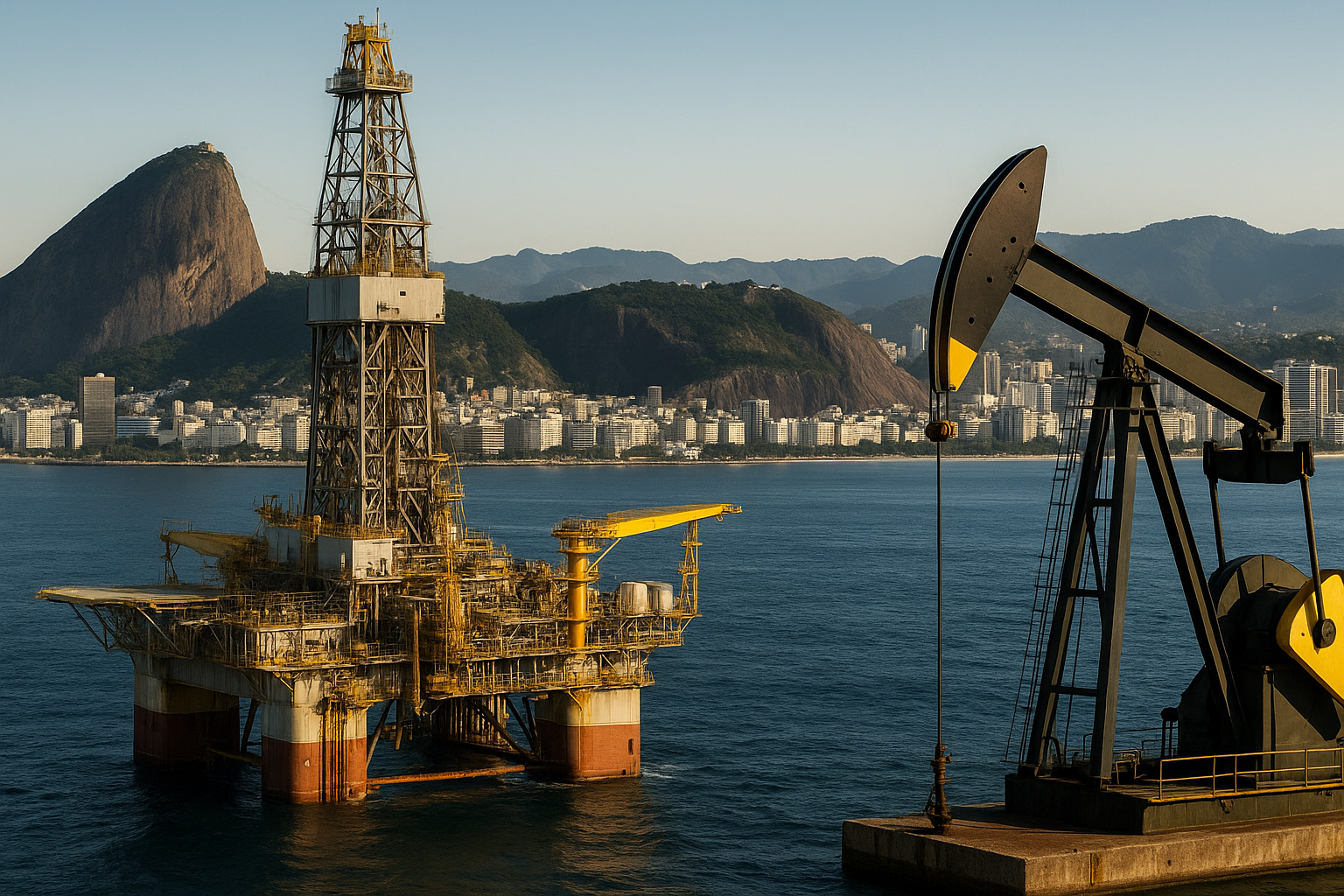 Plataforma de petróleo no mar do Rio de Janeiro com a cidade ao fundo, simbolizando o impacto do setor de óleo e gás no PIB fluminense.
