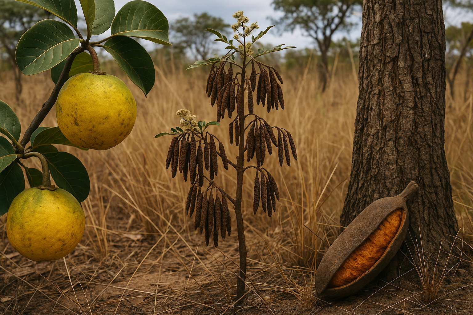 Pequi, barbatimão e jatobá-do-cerrado em paisagem seca do Cerrado, representando espécies ameaçadas pelas mudanças climáticas até 2060.