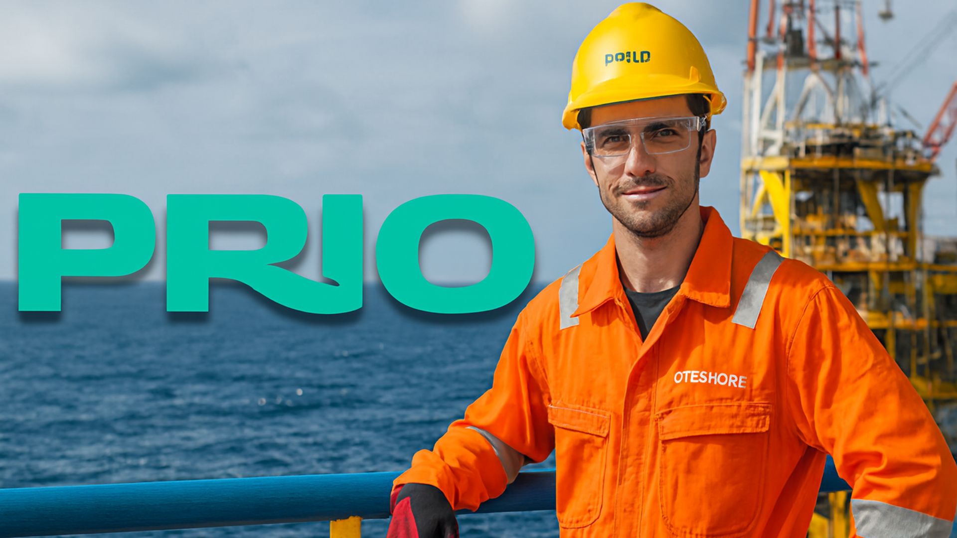 Trabalhador offshore com uniforme laranja e capacete amarelo em plataforma marítima, com o logotipo PRIO ao fundo