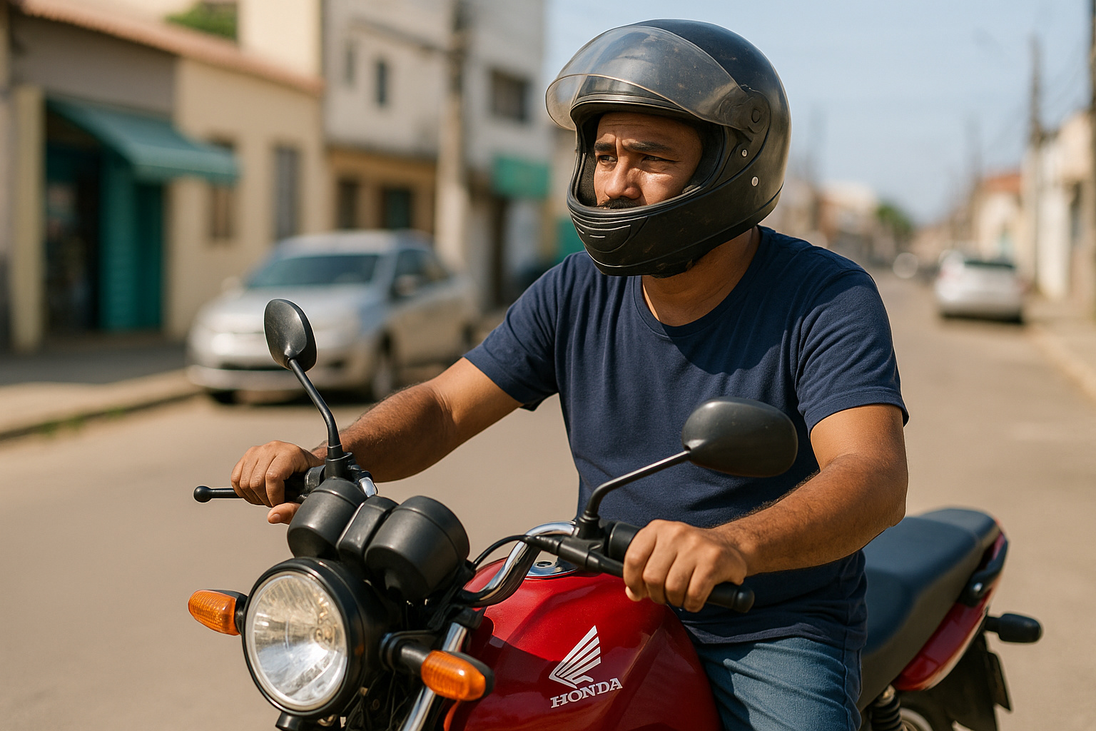 Motociclista de baixa renda conduz moto popular em rua urbana simples de Sergipe, simbolizando o acesso à isenção do IPVA pelo programa Rode Bem.