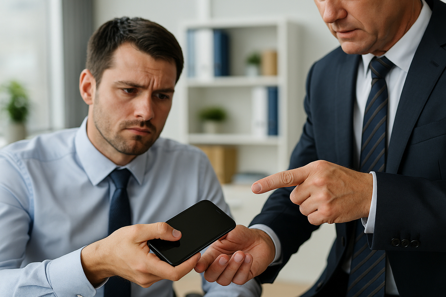Supervisor repreende funcionário por uso de celular no trabalho em escritório moderno, simbolizando o debate sobre limites do poder do empregador.