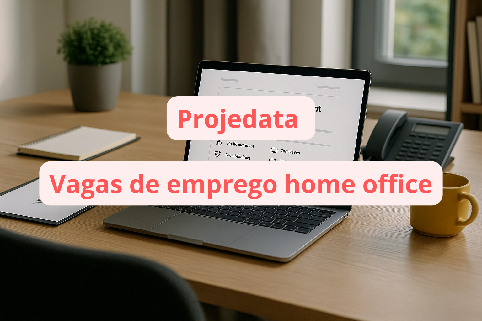 Mesa de home office com laptop exibindo vaga de assistente de atendimento, simbolizando trabalho remoto oferecido pela Projedata.
