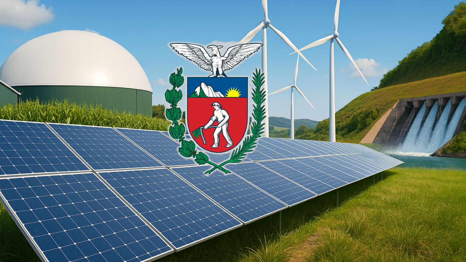 Painel solar, turbinas eólicas, usina de biogás e hidrelétrica ao fundo com o logotipo do Governo do Paraná destacado ao centro, representando energia renovável no Estado