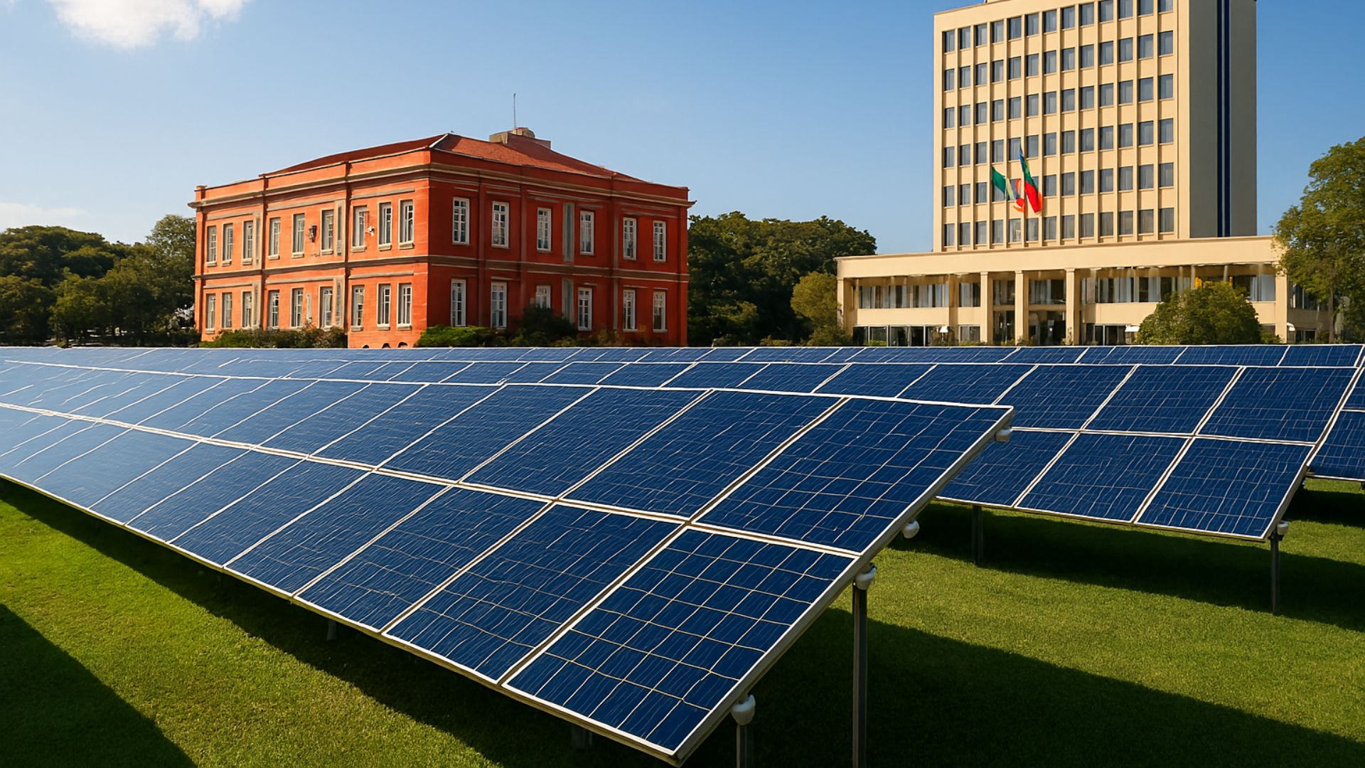 Instalação de painéis solares em campo aberto com prédios públicos ao fundo sob céu azul claro
