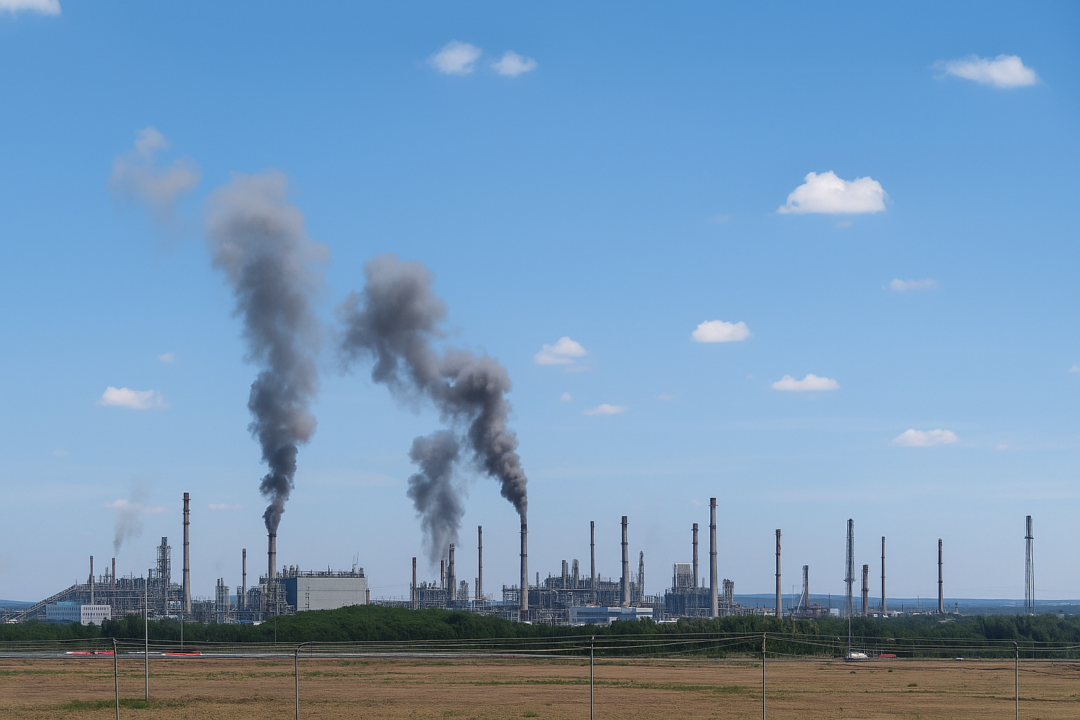Fábrica industrial emitindo fumaça sob o céu azul durante o dia.