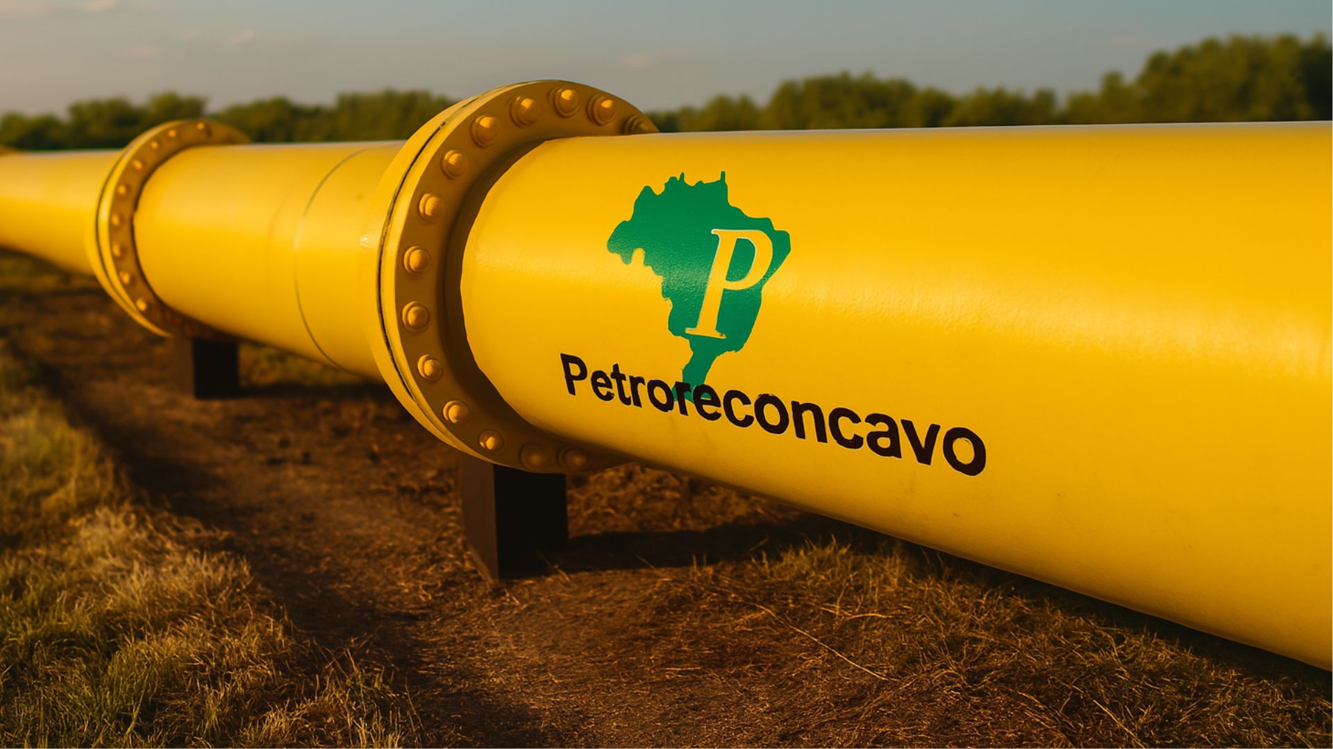 Gasoduto amarelo com o logotipo da PetroReconcavo destacado, representando infraestrutura de distribuição de gás natural