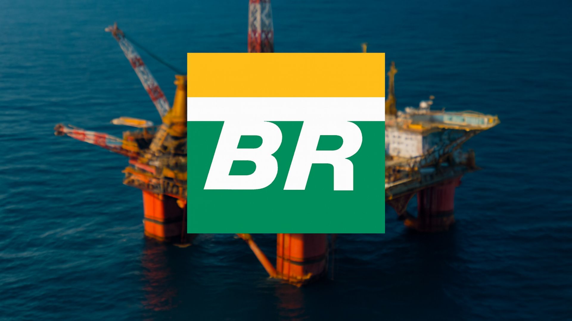 Plataforma de petróleo offshore da Petrobras vista de cima, com logotipo centralizado em destaque sobre o mar azul