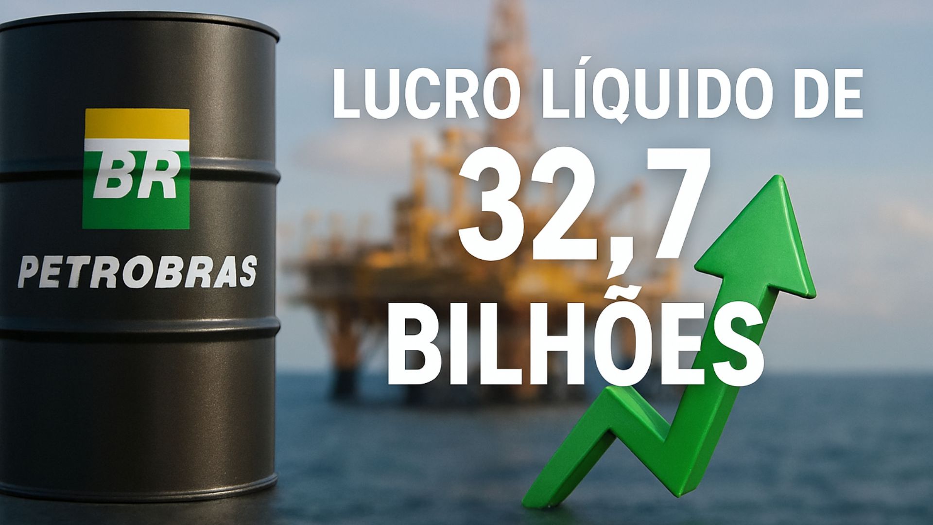 Barril de petróleo com logotipo da Petrobras à esquerda, plataforma de petróleo desfocada ao fundo e seta verde 3D apontando para cima, com texto “lucro líquido de R$ 32,7 bi” ao centro.