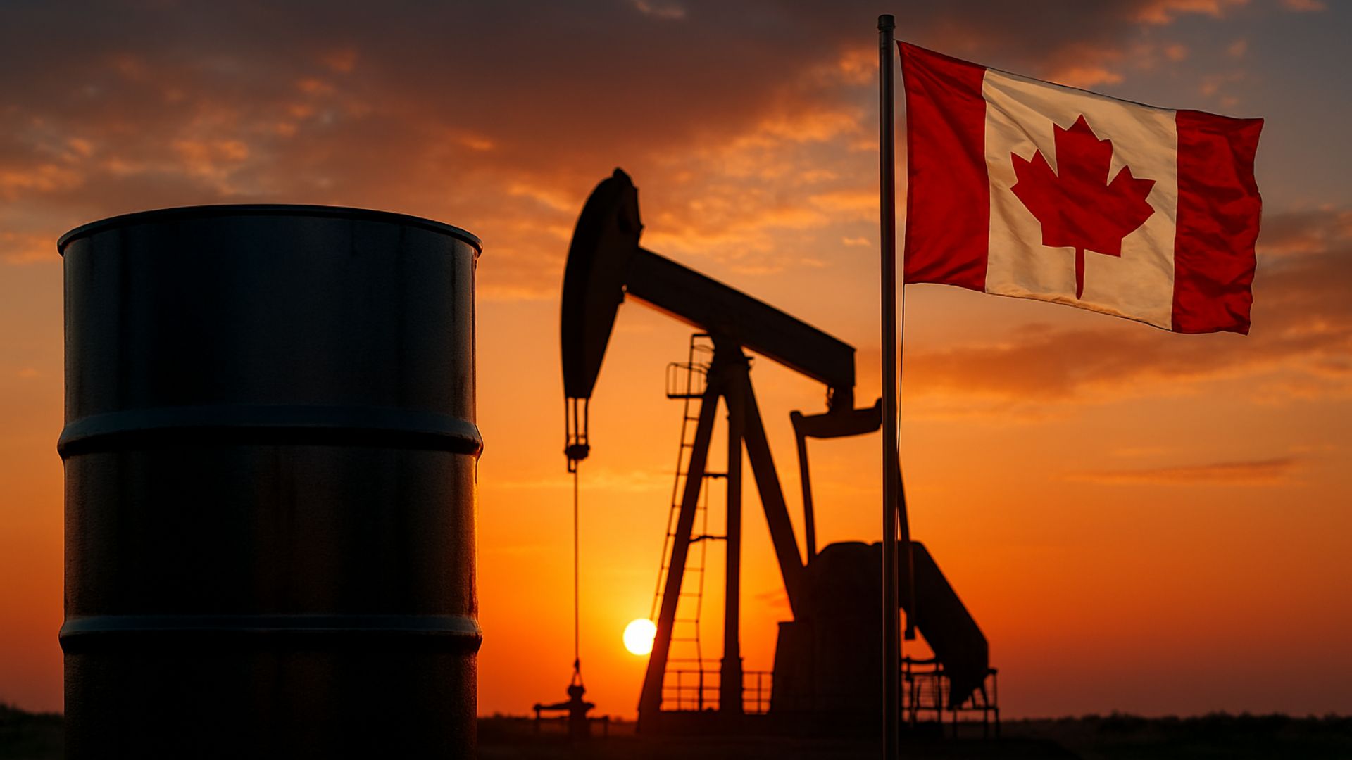 Barril de petróleo em destaque com bomba de extração ao pôr do sol e bandeira do Canadá ao lado