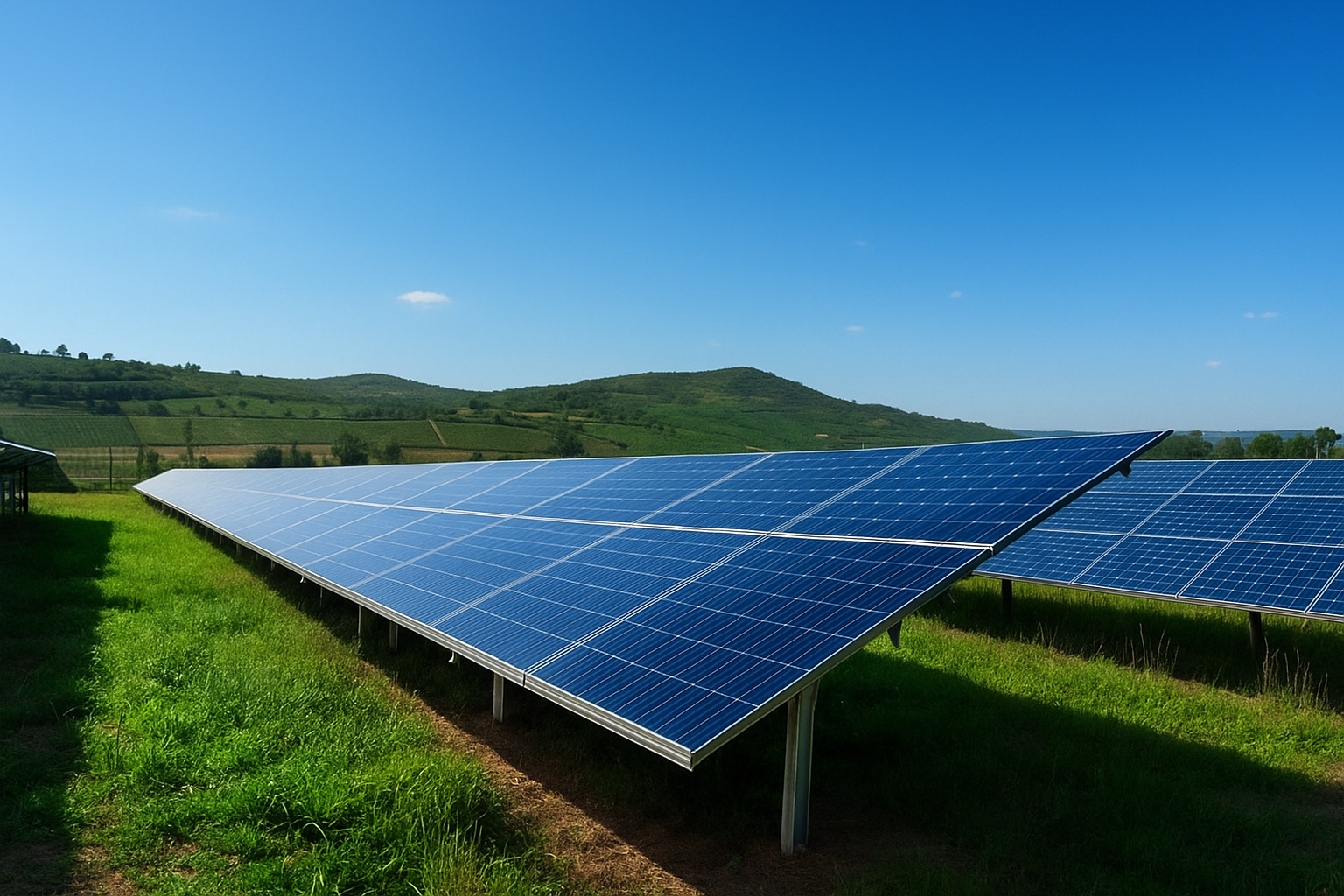 Painéis solares instalados em um campo verde sob o sol do meio-dia, refletindo a luz intensa.