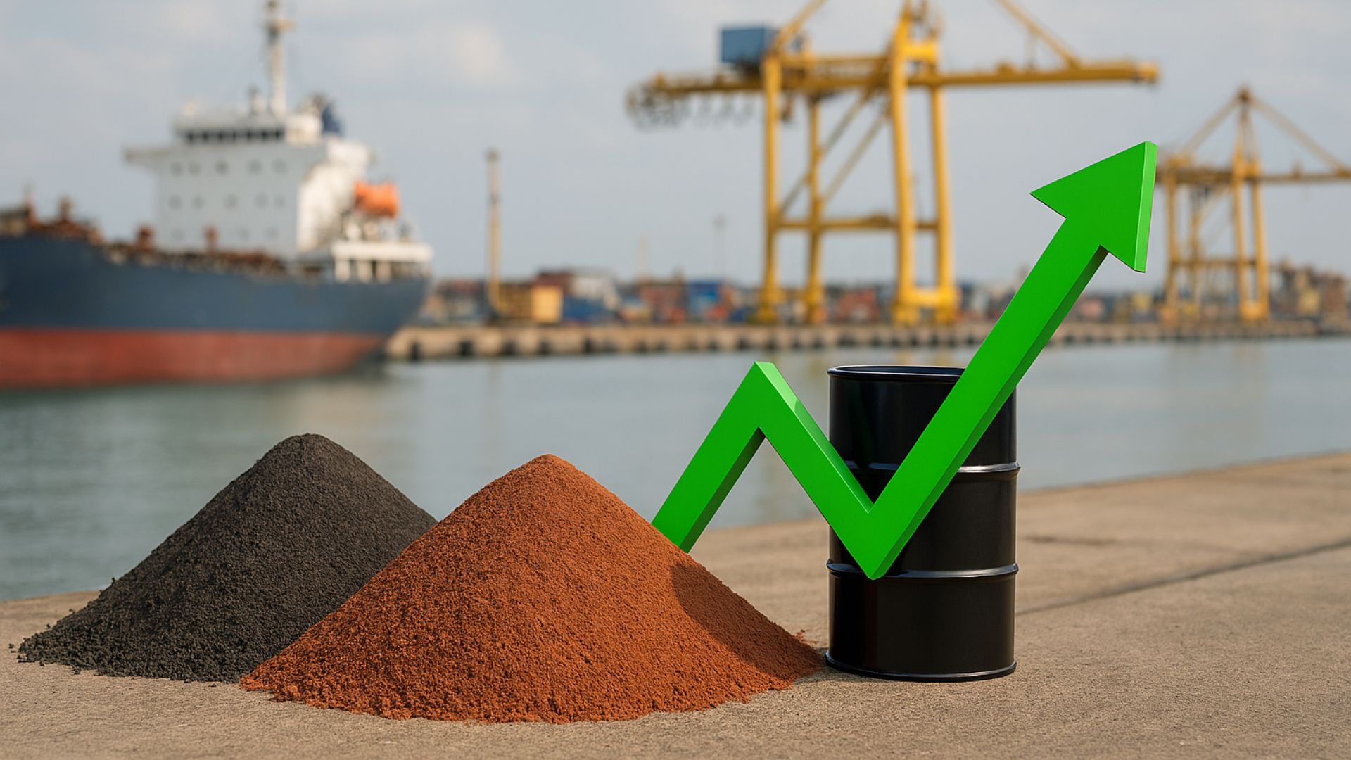 Imagem de uma embarcação atracada em porto industrial com granéis sólidos e barril de petróleo em primeiro plano