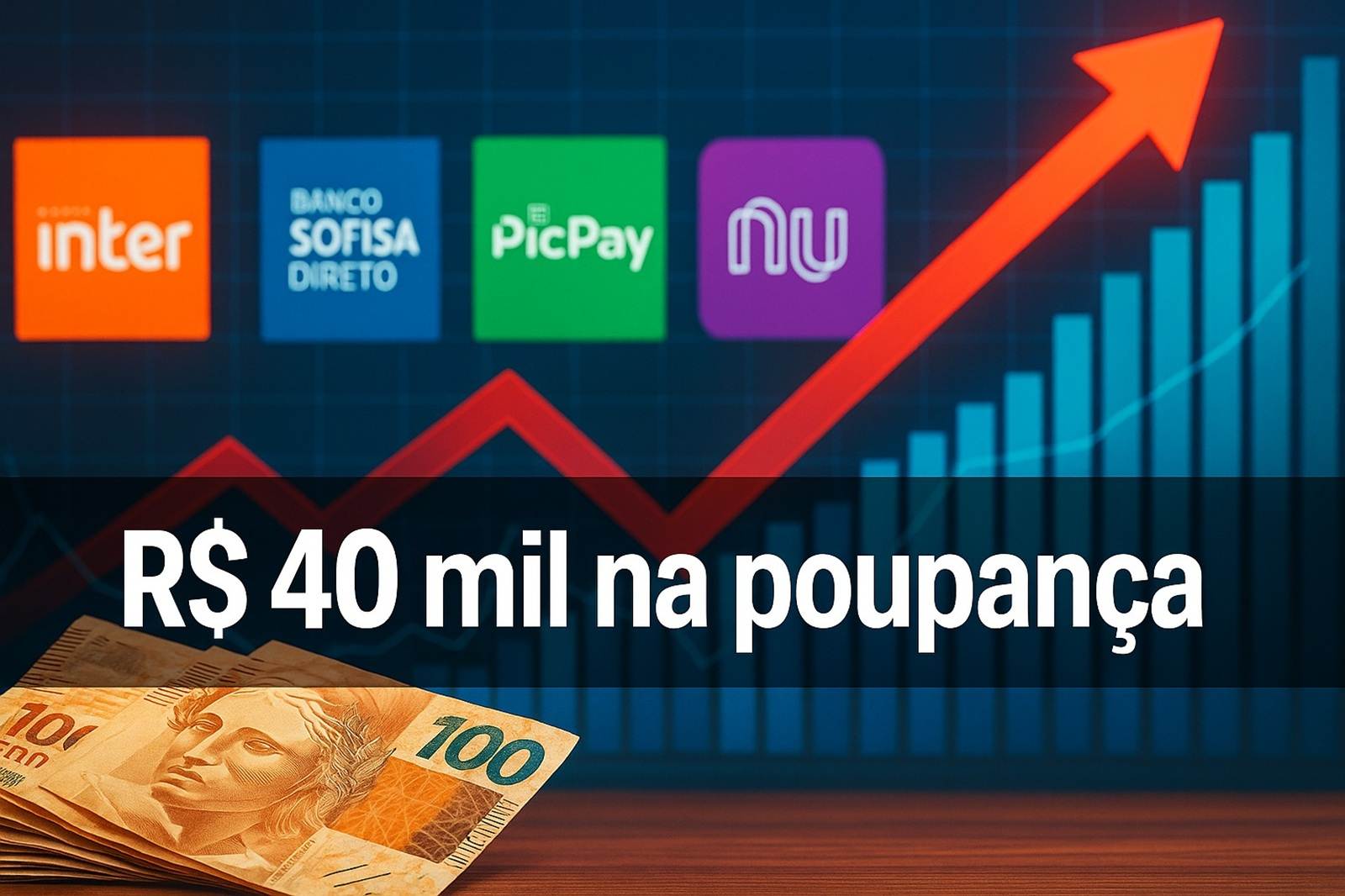 Veja quanto rende investir R$ 40 mil na poupança, Banco Inter, Banco Sofisa, PicPay e Nubank e compare como cada banco entrega