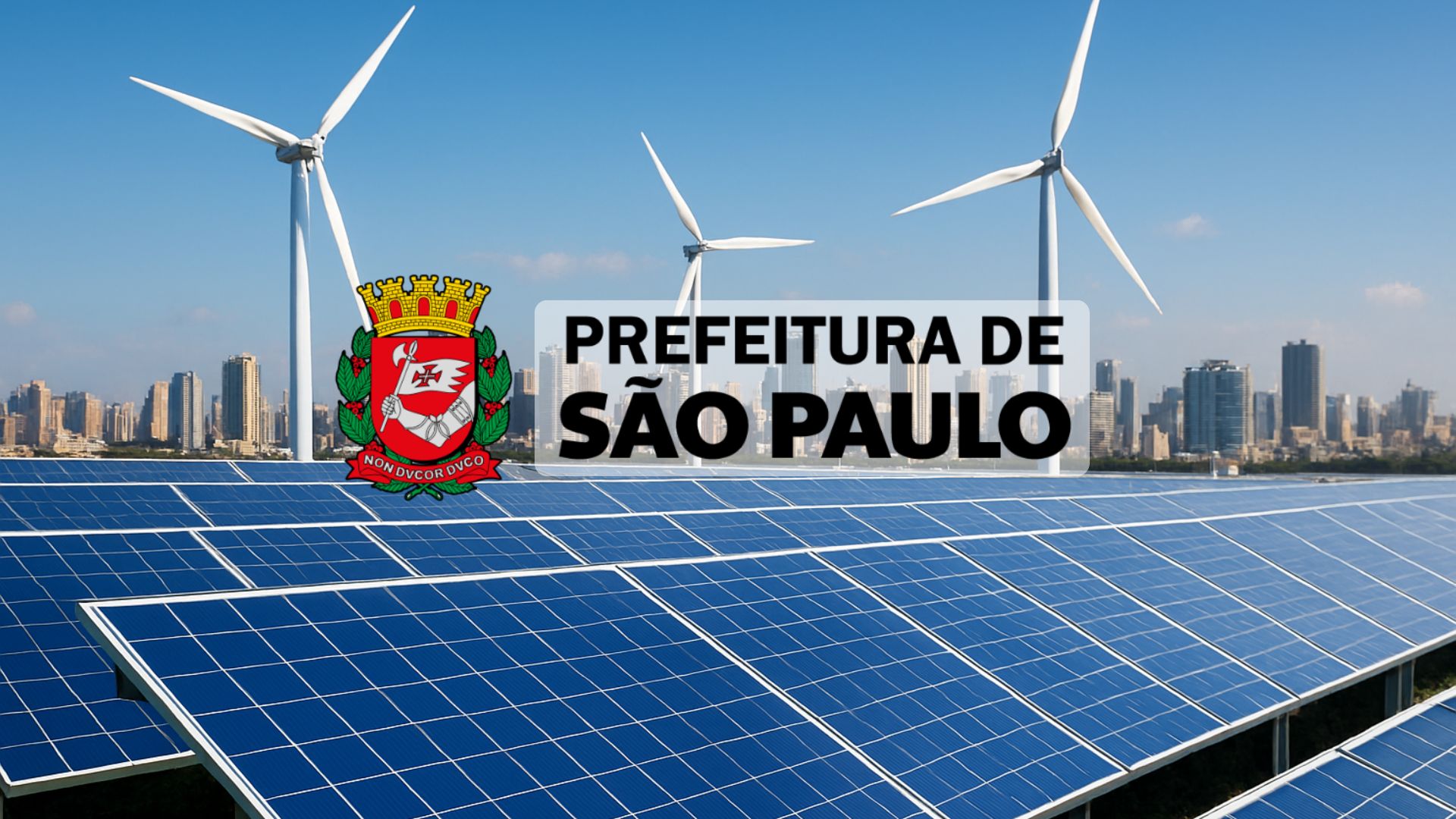 Infraestrutura de energia limpa com painéis solares e turbinas eólicas em frente a uma cidade moderna e ensolarada.