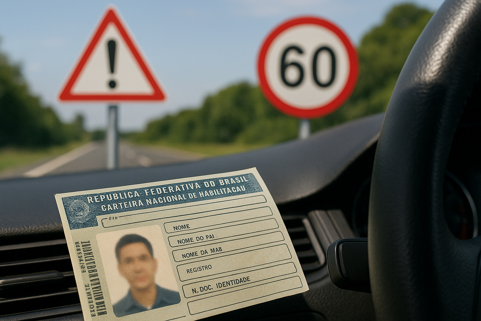 Carteira Nacional de Habilitação sobre o painel de um carro com placas de trânsito ao fundo representando fiscalização e risco de suspensão por pontuação.