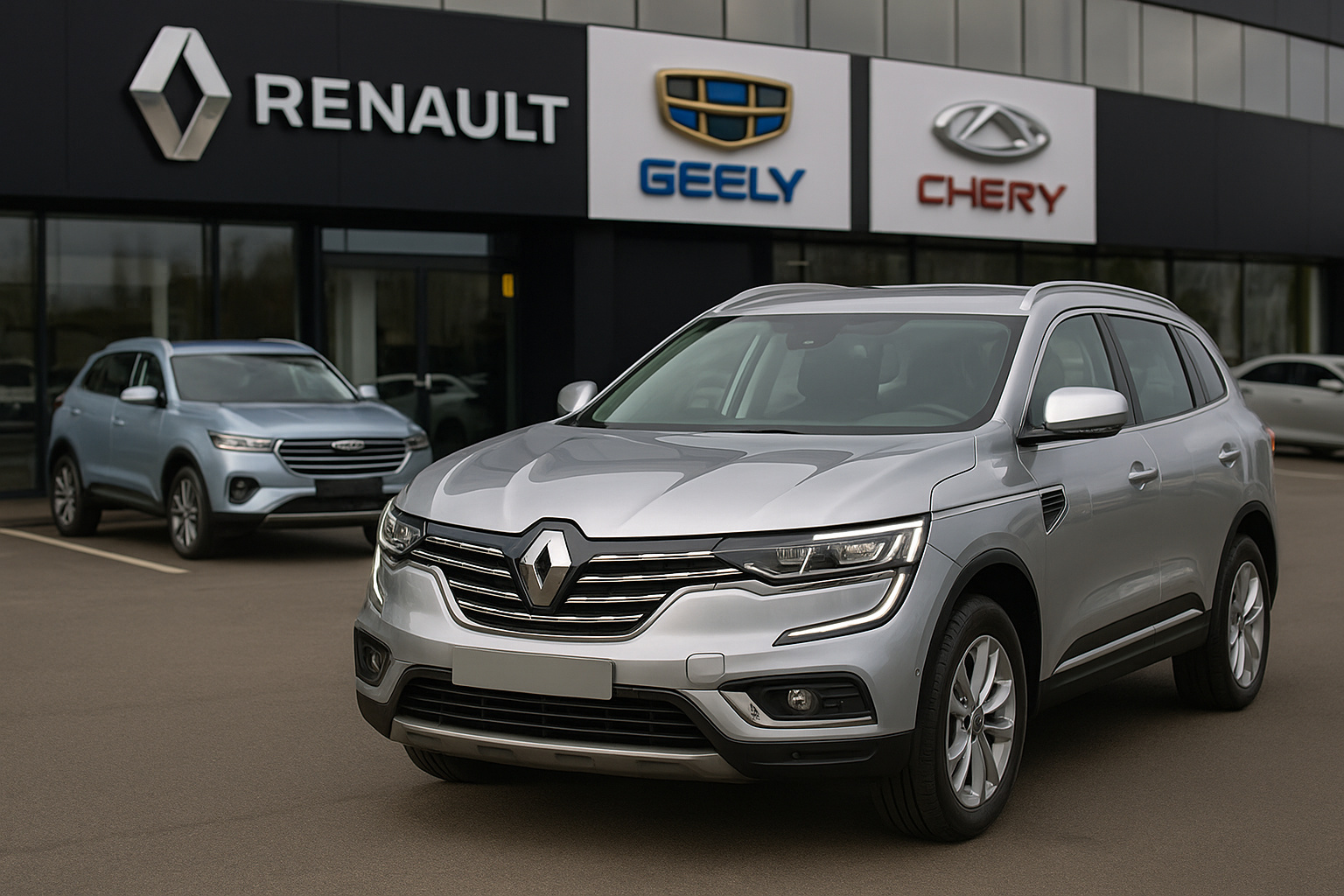 Fachada de concessionária Renault com veículos Geely e Chery exibidos em frente, representando parceria e expansão industrial no Brasil.
