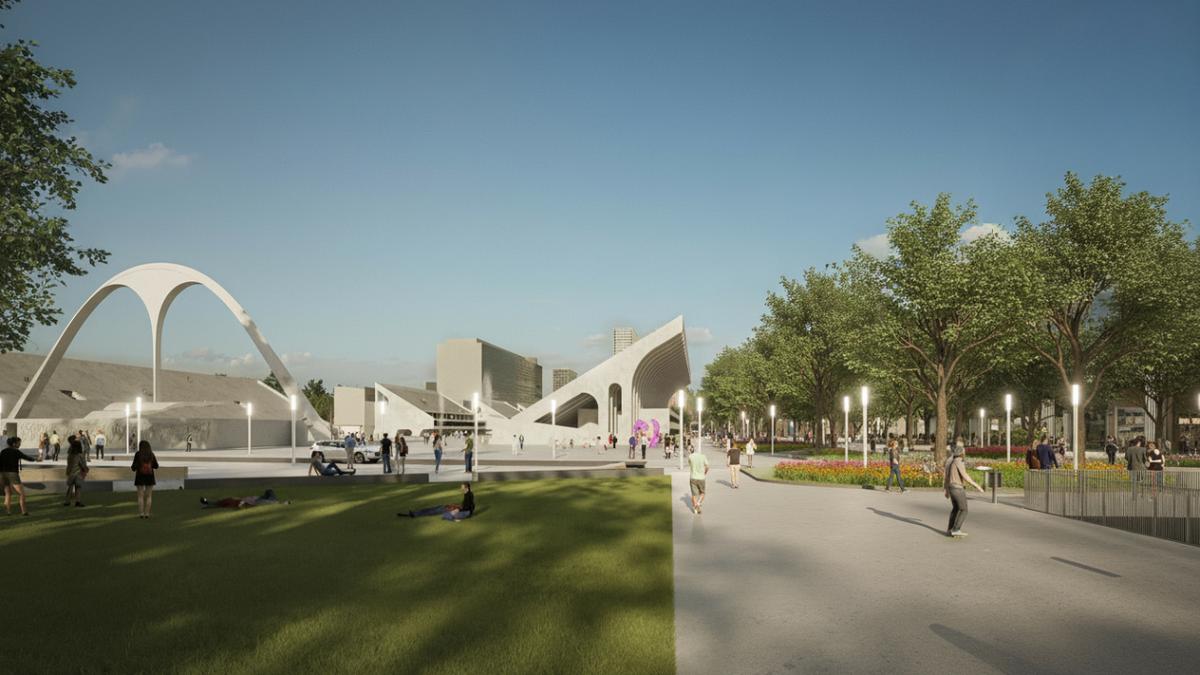 Vista do novo Boulevard do Samba na Praça Onze, com áreas verdes, pedestres circulando e elementos arquitetônicos modernos da revitalização urbana do Rio.