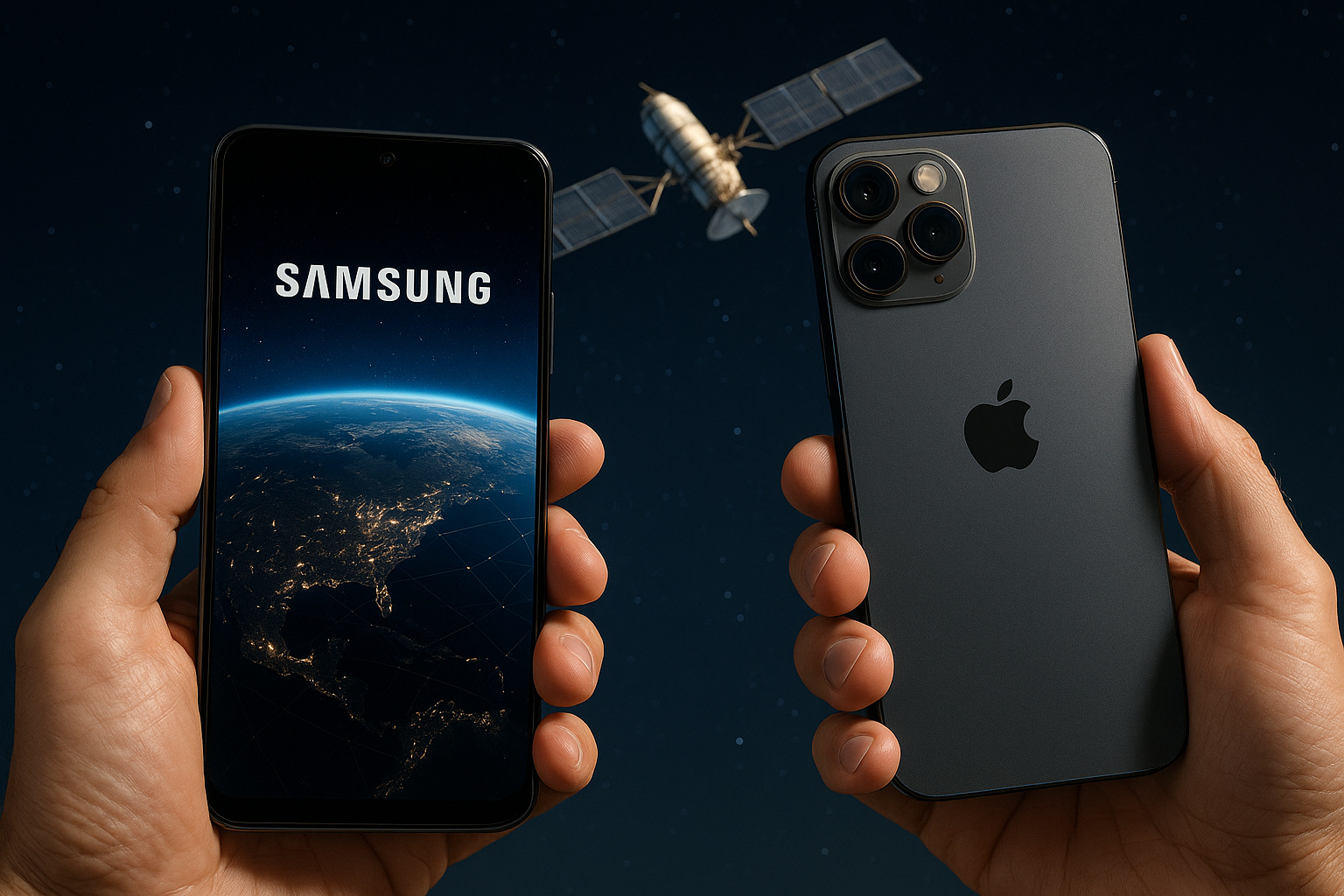 Smartphones Galaxy e iPhone conectados à rede Starlink sob um céu estrelado, representando a parceria entre Samsung, Apple e SpaceX para internet via satélite.