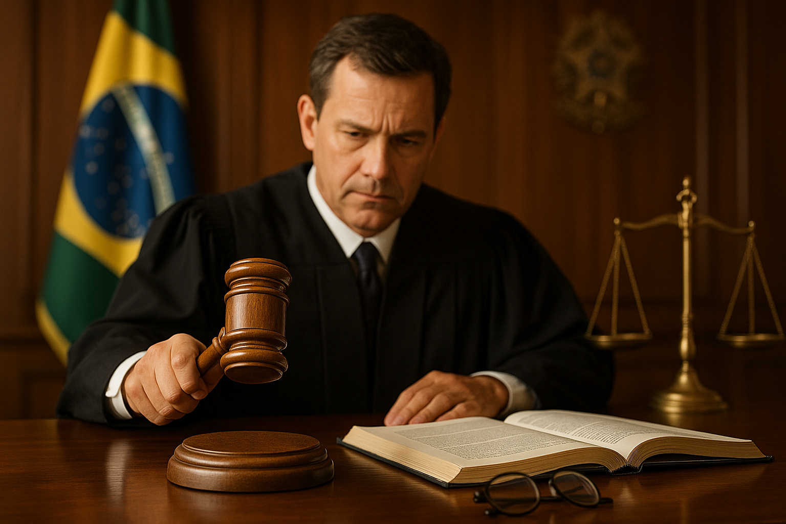 Juiz brasileiro analisando processo trabalhista com martelo e balança da Justiça ao lado, simbolizando decisão do STF sobre execução trabalhista.