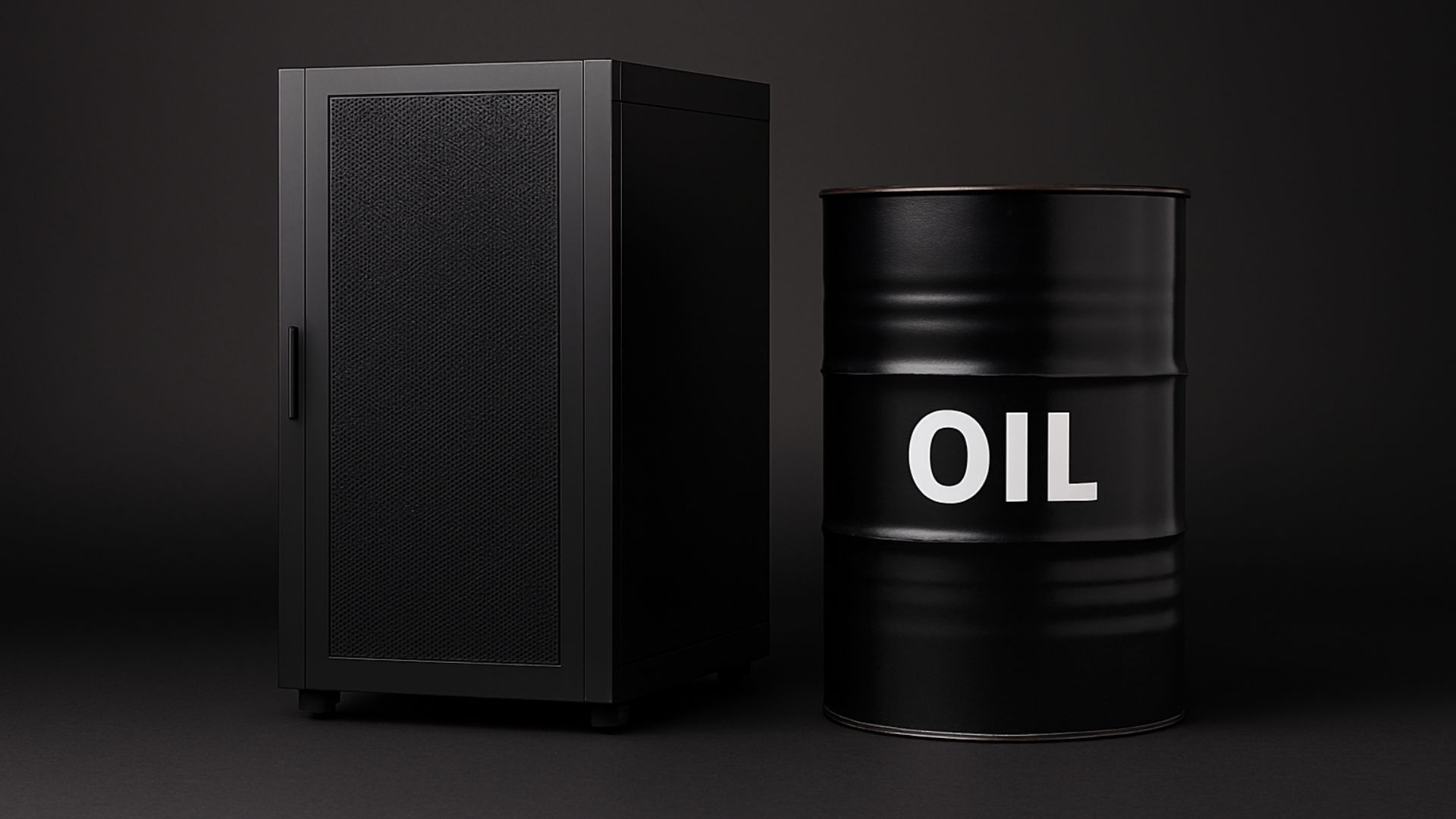 Supercomputador moderno ao lado de um barril de petróleo em ambiente escuro, representando a convergência entre tecnologia e energia
