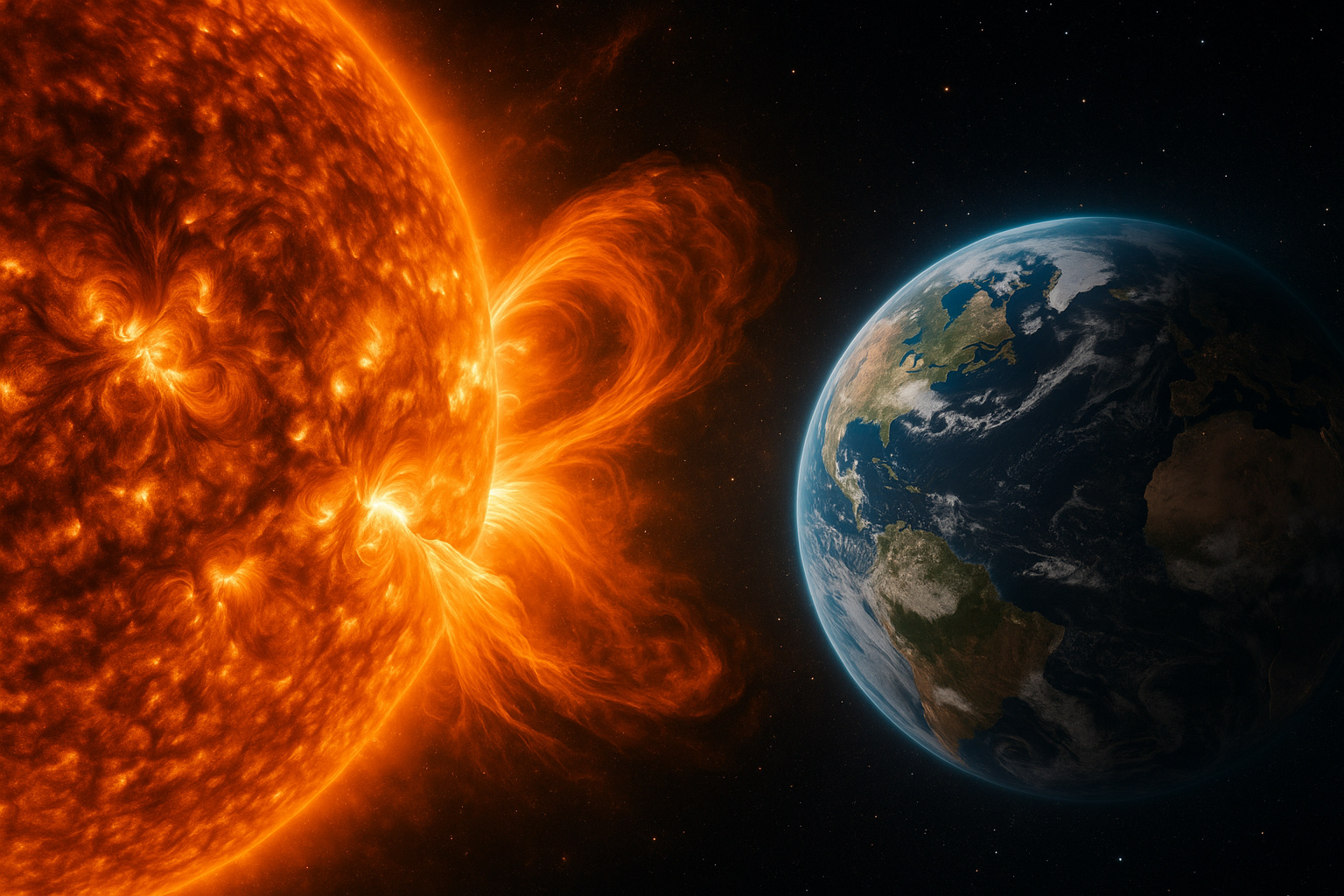 Explosão solar extrema projetando ejeção de massa coronal em direção à Terra durante tempestade solar severa.