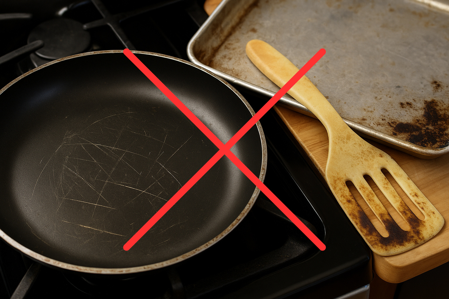 Panela antiaderente riscada, espátula de plástico deformada e assadeira de alumínio desgastada representando utensílios de cozinha tóxicos.