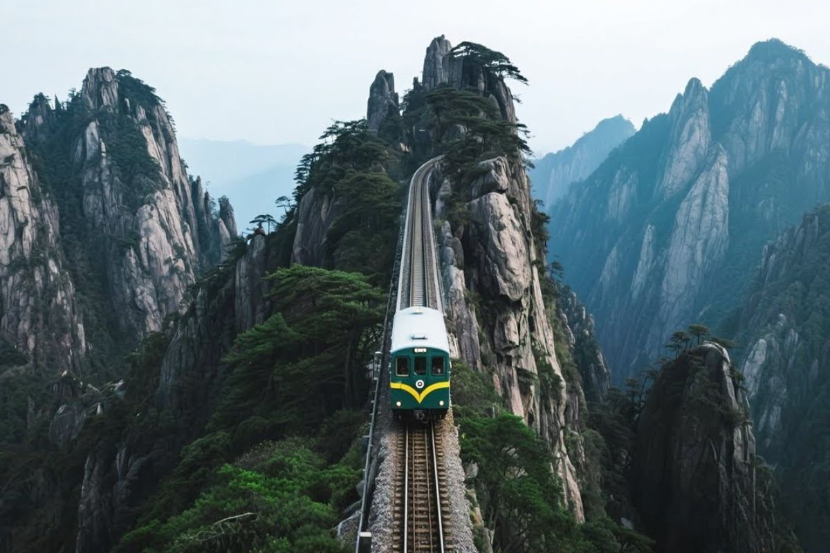 A ferrovia pendurada em Huangshan eleva viajantes a 500 metros de altura sobre penhascos, cruzando a montanha de Huangshan e o parque de Huangshan em minutos. O trajeto combina o teleférico Yungu, trilhas panorâmicas e o lendário mar de nuvens, revelando a experiência mais impressionante da China moderna.