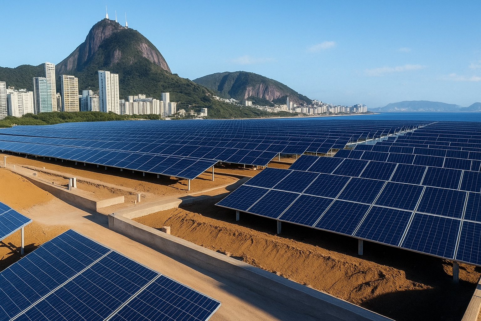 Usina solar à beira-mar com fileiras de painéis fotovoltaicos no primeiro plano e o Pão de Açúcar e a orla ao fundo, sob céu azul com poucas nuvens.