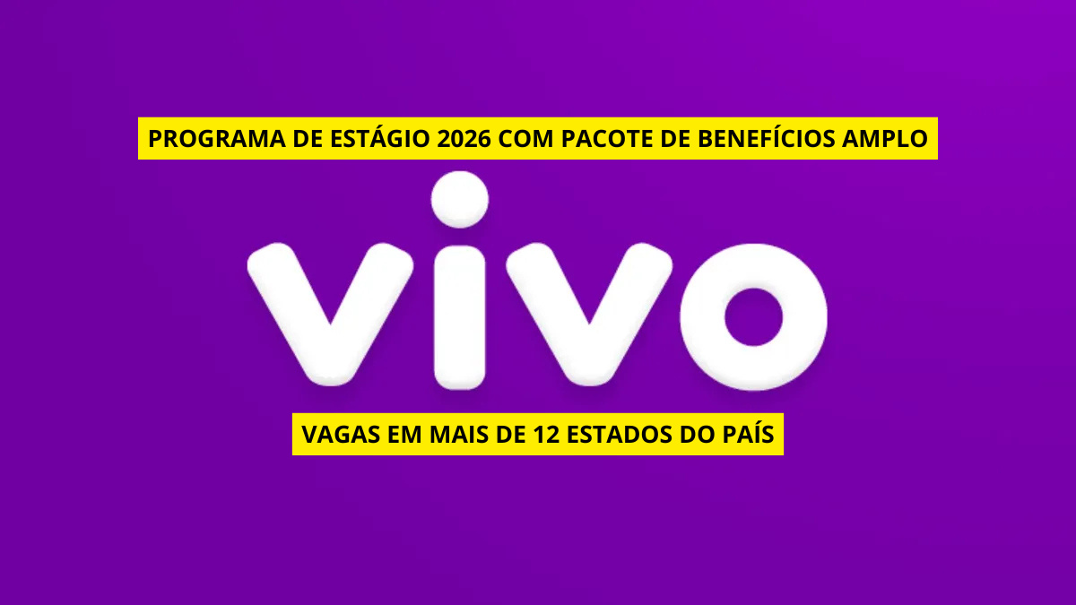 Logo da Vivo em fundo roxo com faixas destacando o Programa de Estágio 2026 e vagas distribuídas em mais de 12 estados do país.