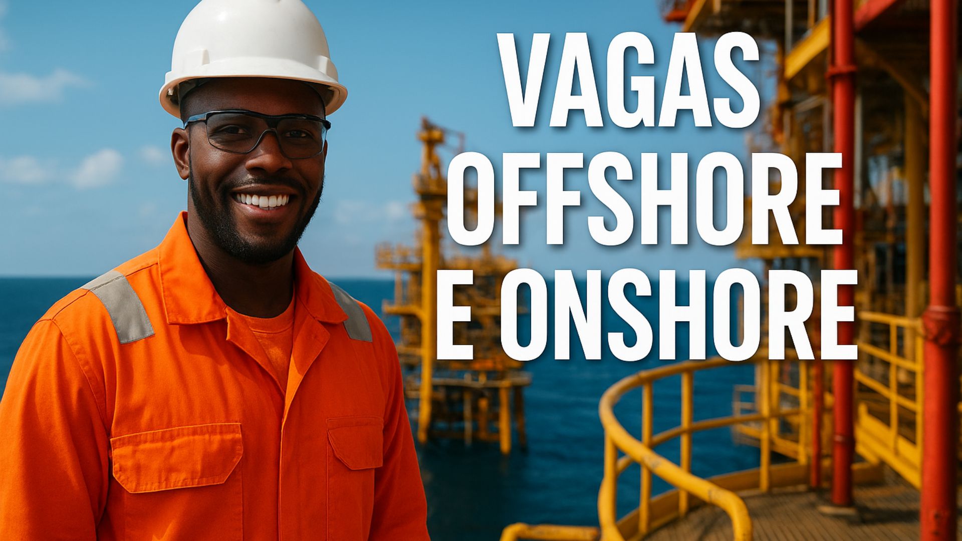 Trabalhador negro sorridente em plataforma offshore, usando uniforme laranja e capacete branco, com o mar ao fundo e a frase “vagas offshore e onshore” em destaque.