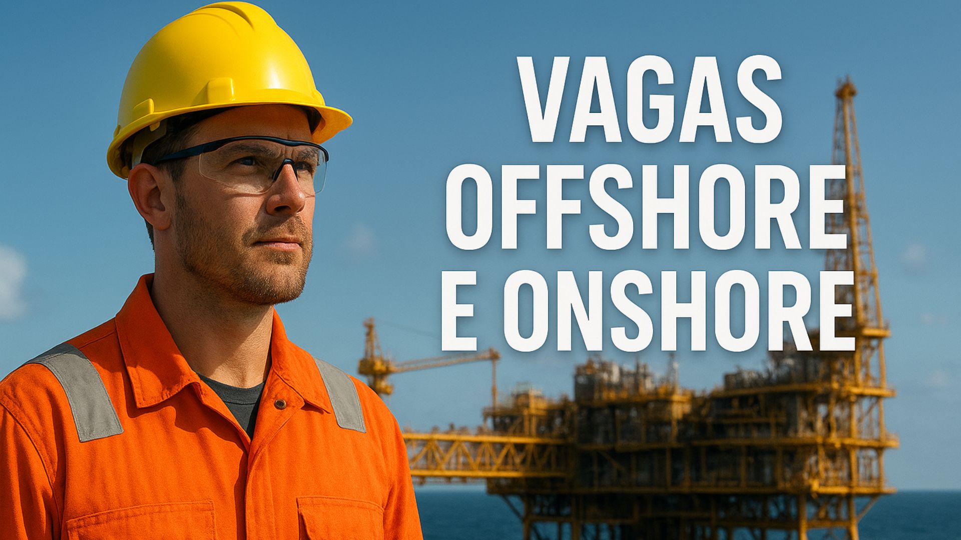 Trabalhador offshore com uniforme de segurança em plataforma marítima, com o mar ao fundo e texto “vagas offshore e onshore” em destaque