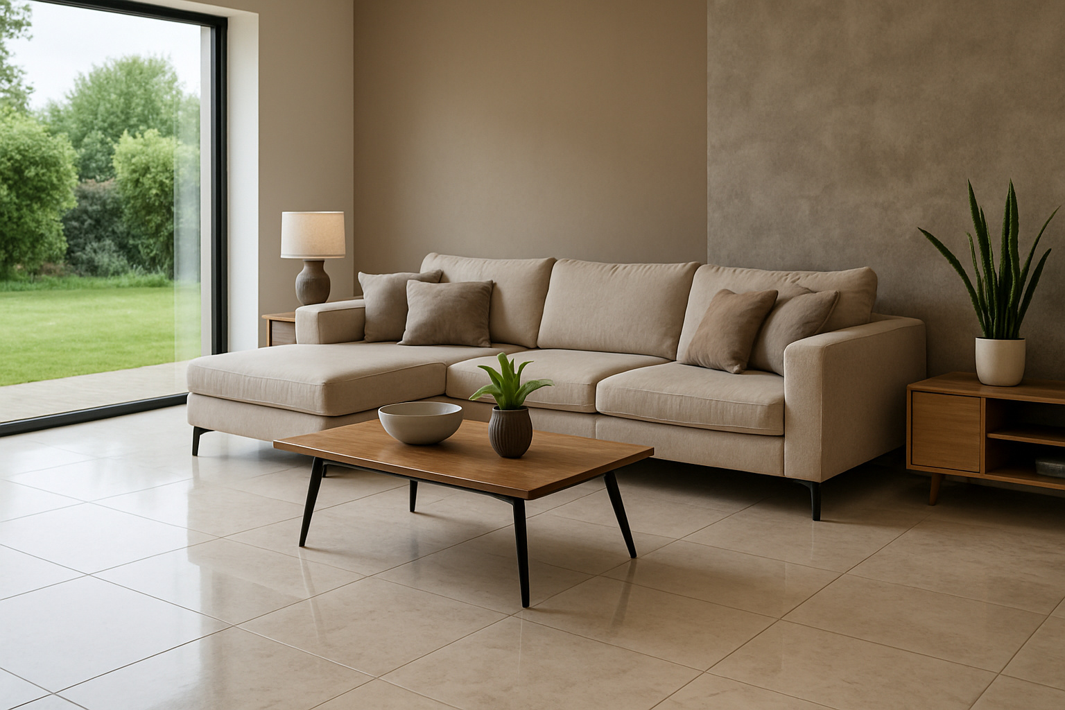 Sala moderna com piso de porcelanato claro, sofá bege e mesa de centro em madeira, destacando o contraste entre materiais usados em reformas residenciais.