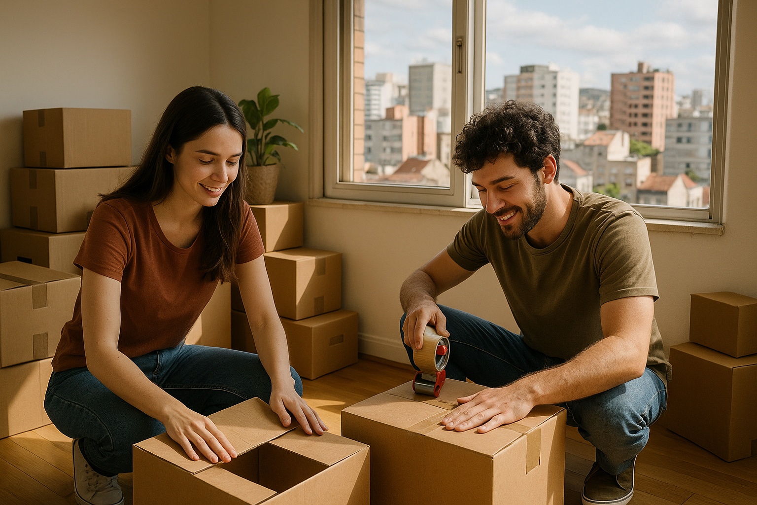 Casal empacota caixas em apartamento em Porto Alegre, representando pesquisa sobre gaúchos que querem mudar de imóvel.
