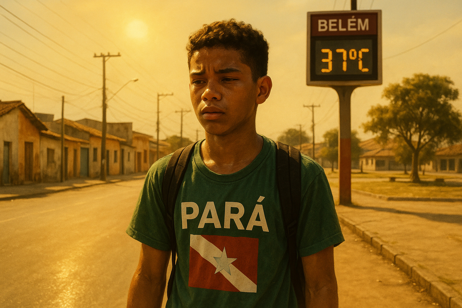 Jovem paraense caminha sob sol de 37 °C em rua sem árvores, representando o calor extremo de Belém em 2025.